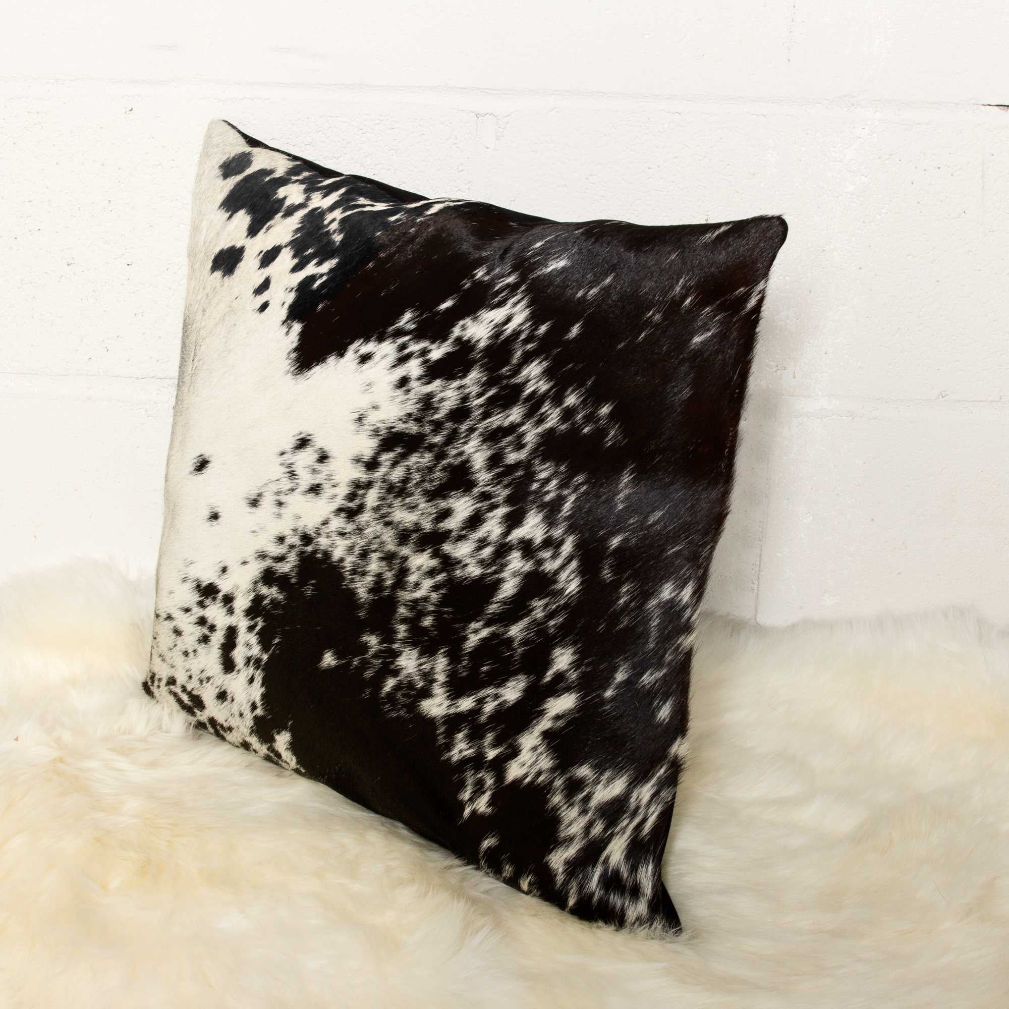 Luxurious 18x18 Gold and Chocolate Quattro Pillow set made from 100% Indian cowhide, featuring a hidden zipper and soft microsuede backing.