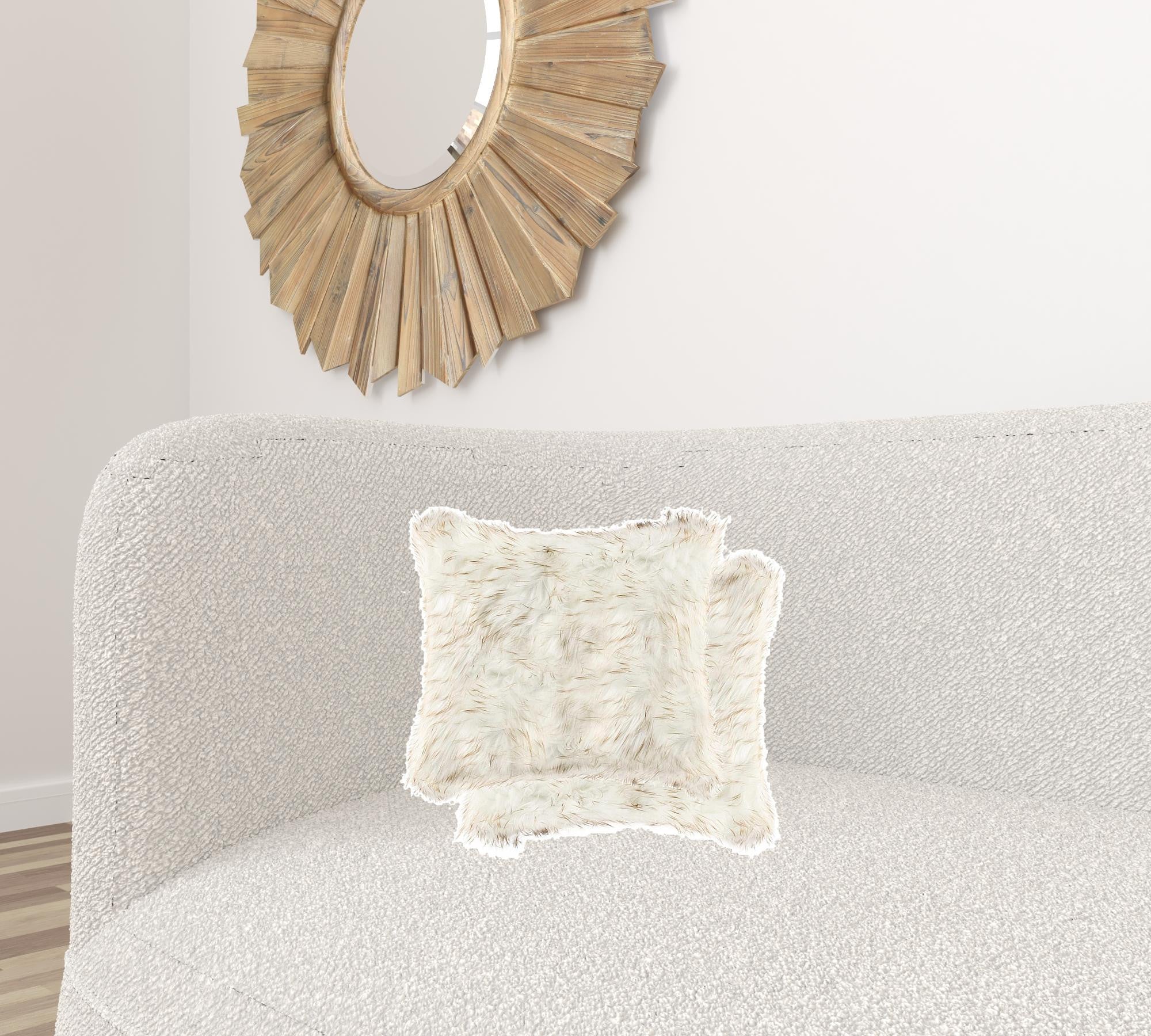 Two plush gradient tan faux pillows, 18x18 inches, showcasing a soft and luxurious texture, perfect for home decor.