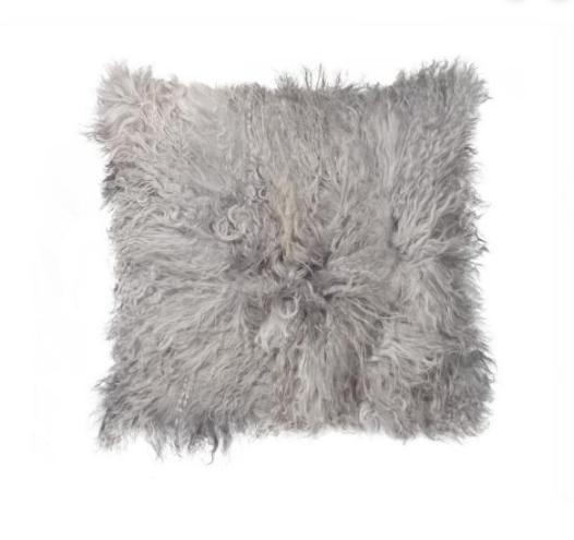 A luxurious gray sheepskin pillow measuring 18x18 inches, showcasing its soft texture and elegant design, perfect for home decor.