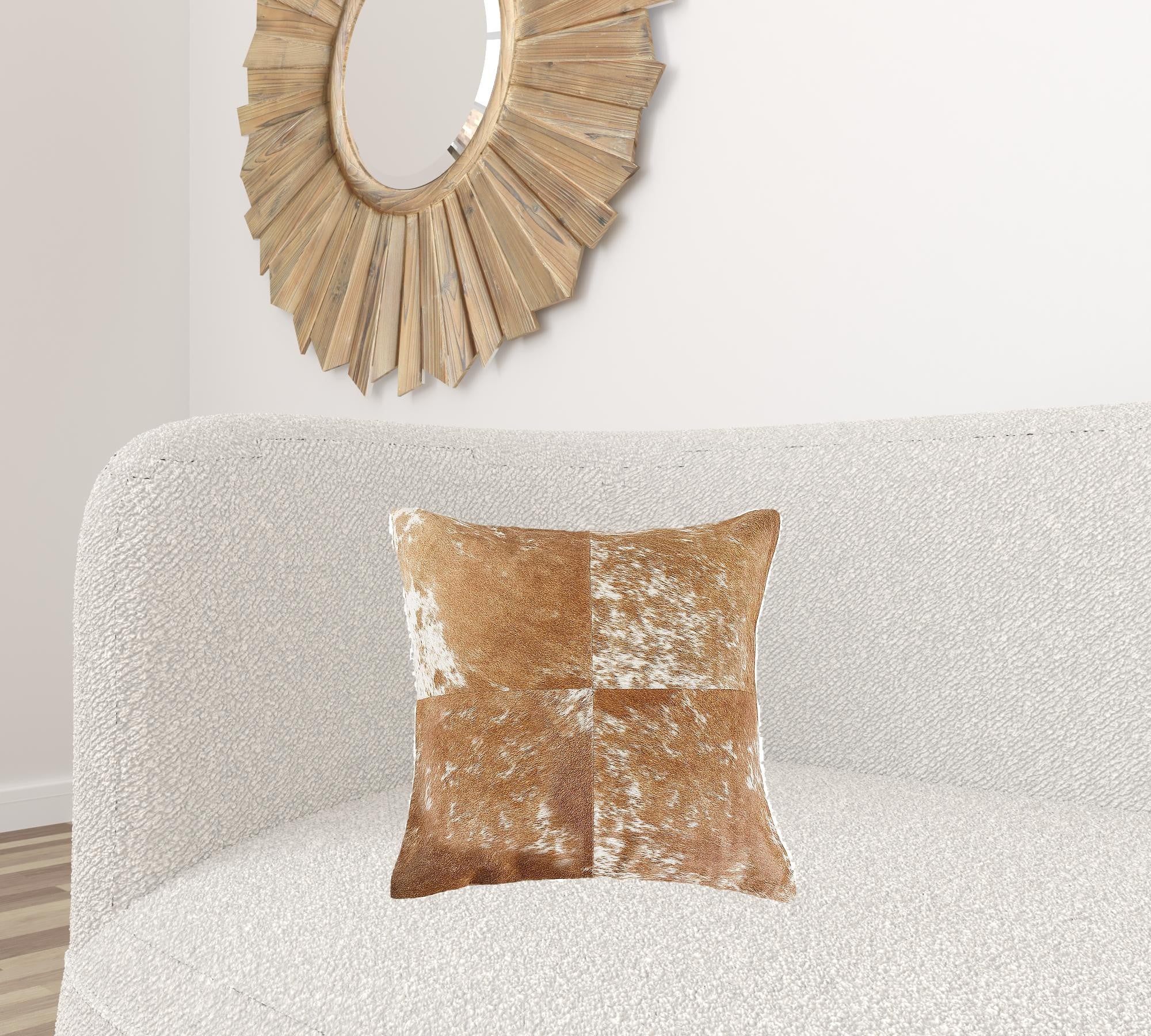 18x18 Salt and Pepper Quattro Pillow made from premium cowhide with a hidden zipper closure, showcasing a unique mottled texture.