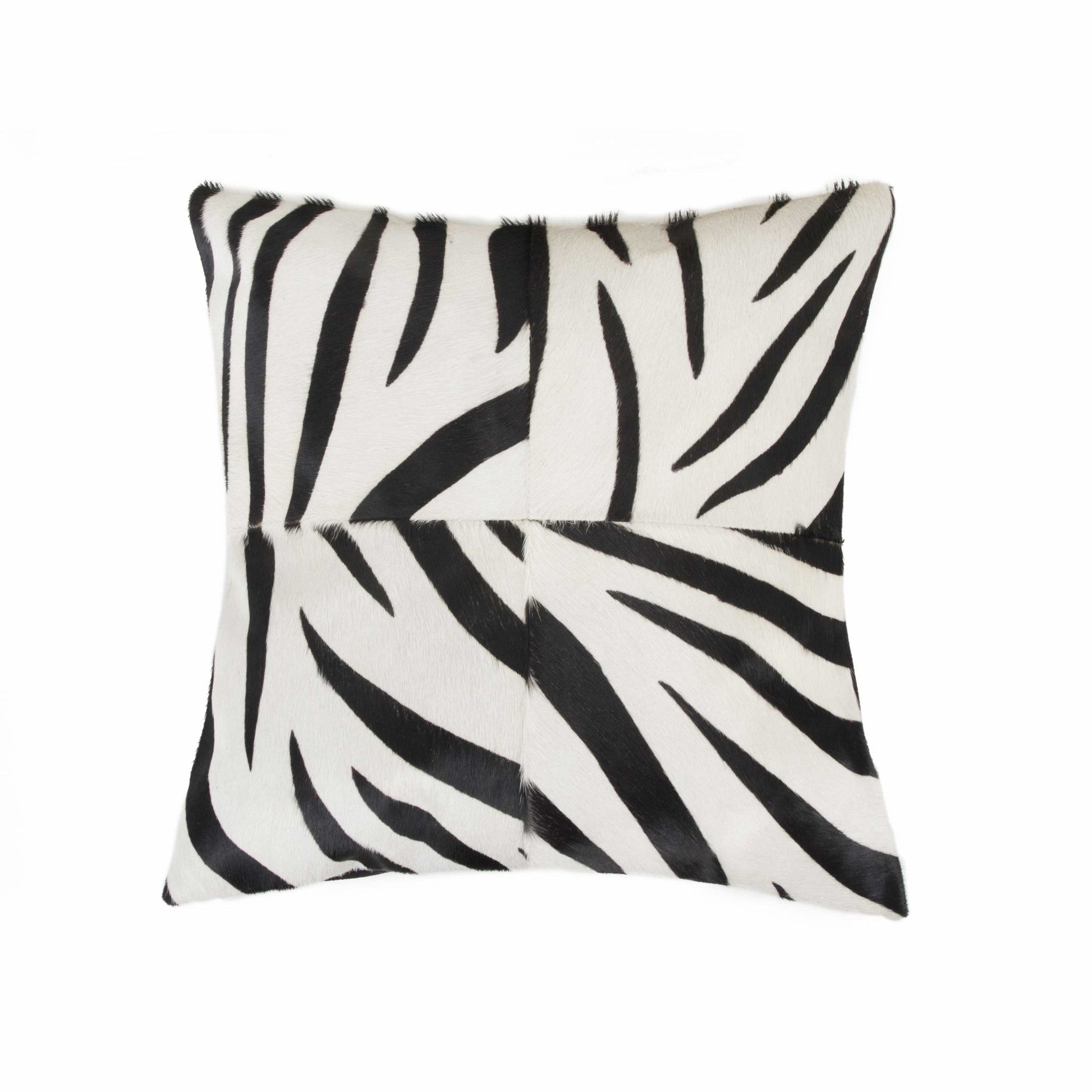 18x18 Zebra Black On White Quattro Pillow made from premium Indian cowhide with a hidden zipper closure.