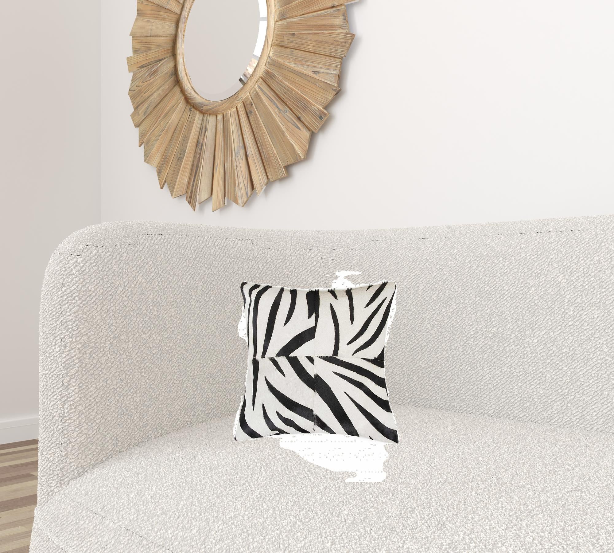 18x18 Zebra Black On White Quattro Pillow made from premium Indian cowhide with a hidden zipper closure.