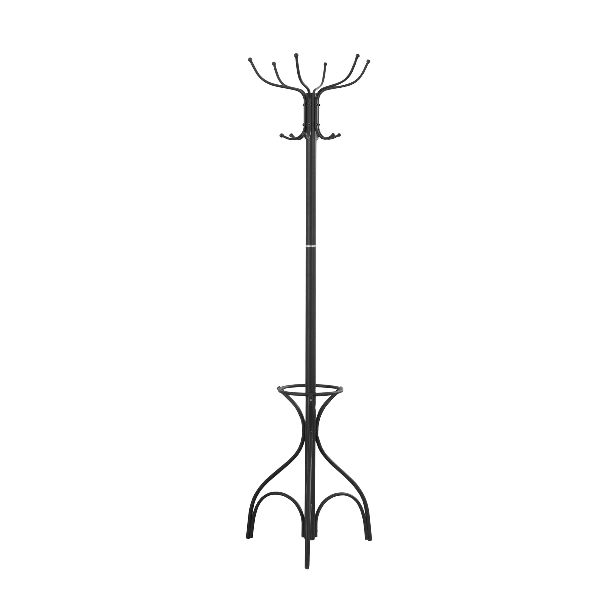 A stylish black metal coat rack standing 70 inches tall with multiple hanging pegs and an umbrella holder, perfect for entryways and hallways.