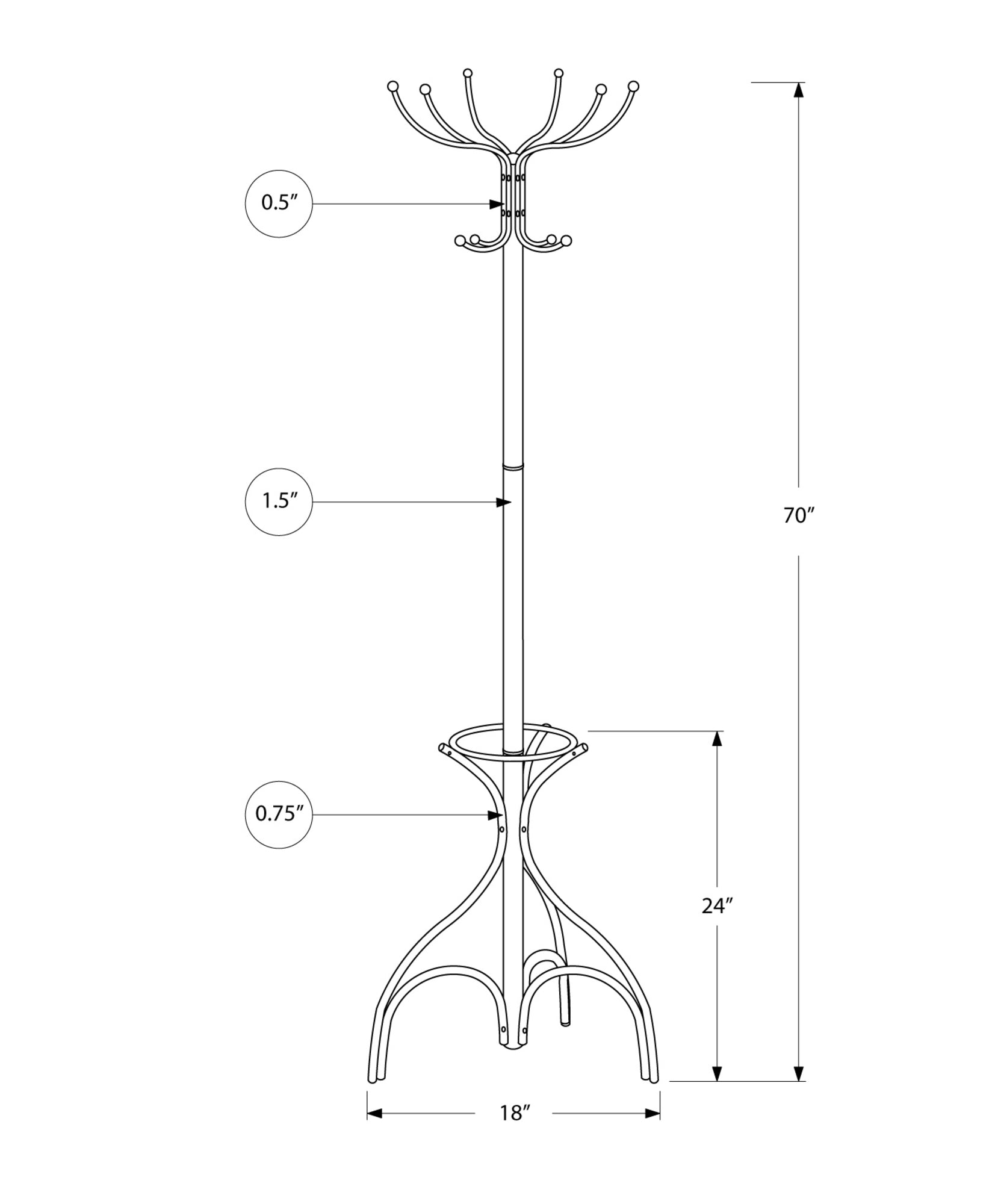 A stylish black metal coat rack standing 70 inches tall with multiple hanging pegs and an umbrella holder, perfect for entryways and hallways.