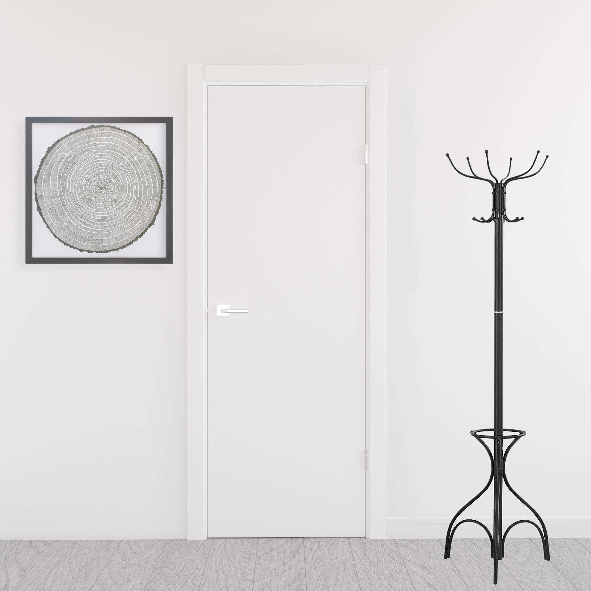 A stylish black metal coat rack standing 70 inches tall with multiple hanging pegs and an umbrella holder, perfect for entryways and hallways.