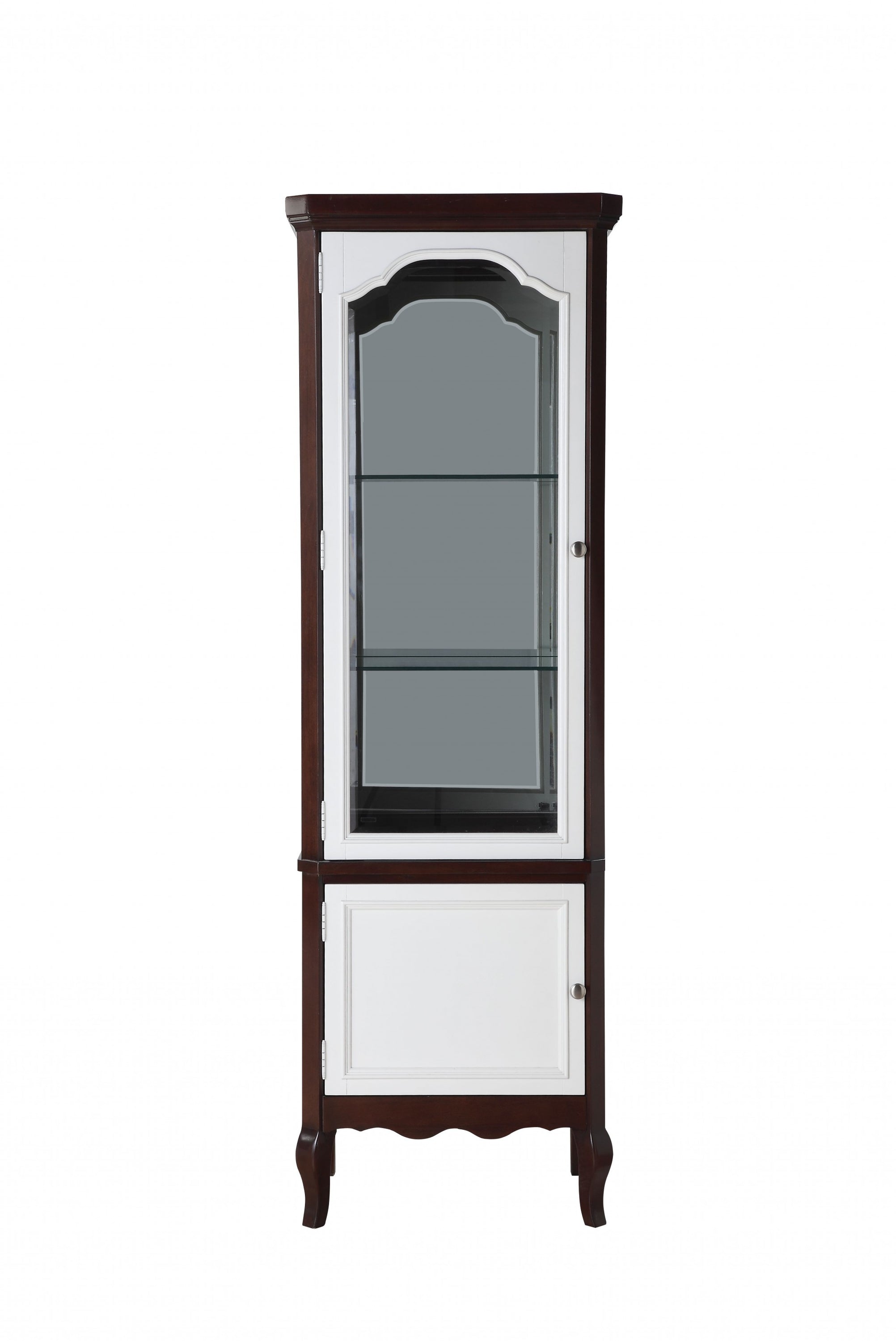 Elegant walnut white wood curio cabinet standing 78 inches tall with spacious compartments for stylish storage.