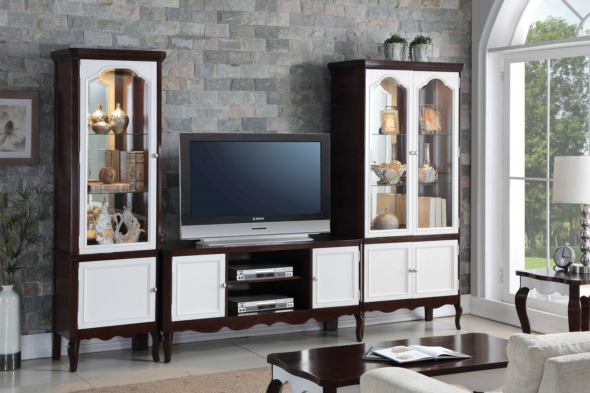 Elegant walnut white wood curio cabinet standing 78 inches tall with spacious compartments for stylish storage.