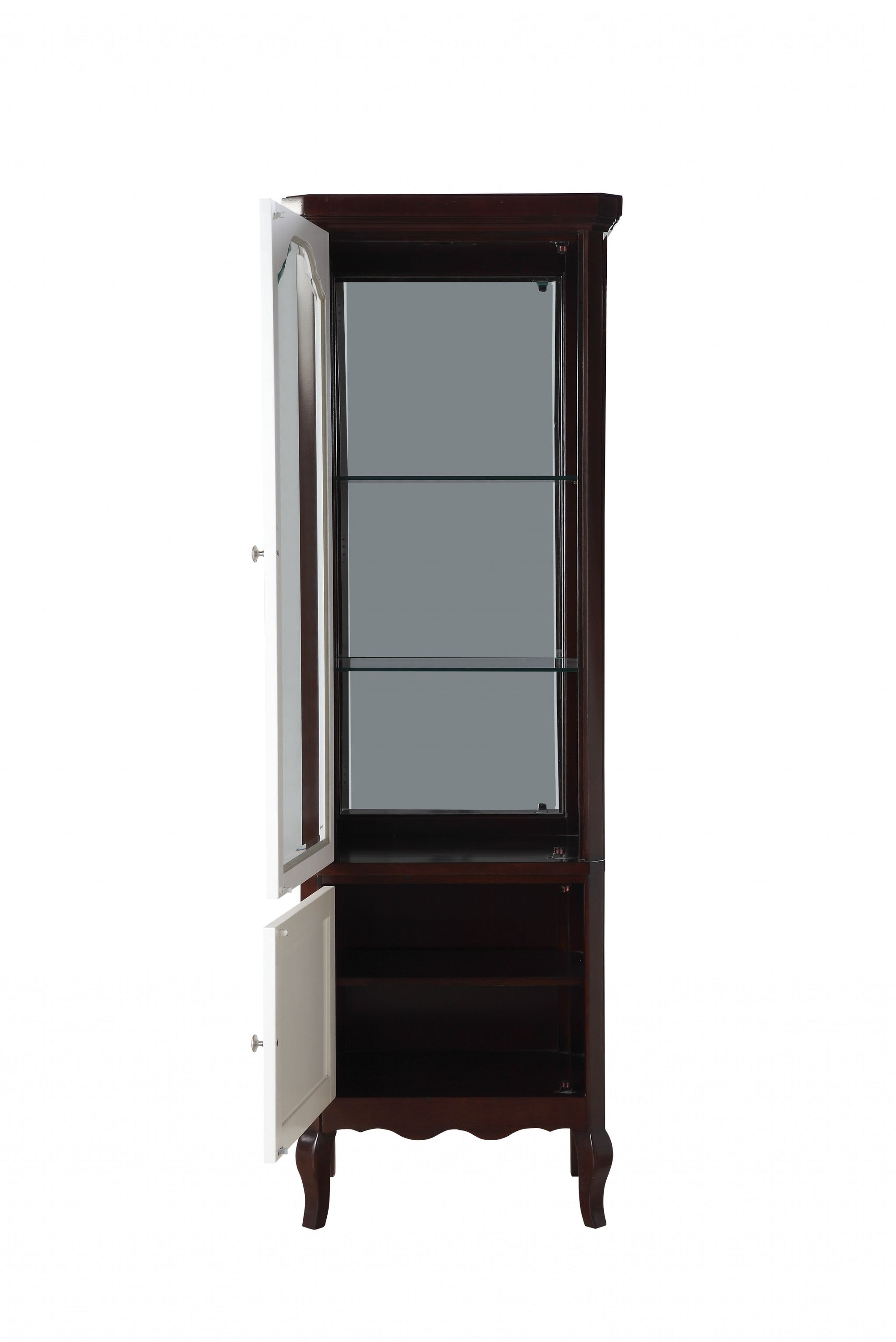 Elegant walnut white wood curio cabinet standing 78 inches tall with spacious compartments for stylish storage.