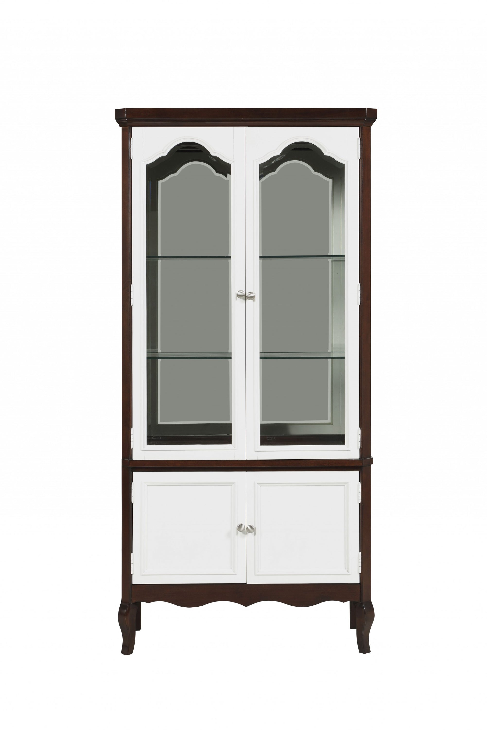 Elegant walnut white wood curio cabinet standing 78 inches tall with spacious compartments for stylish storage.