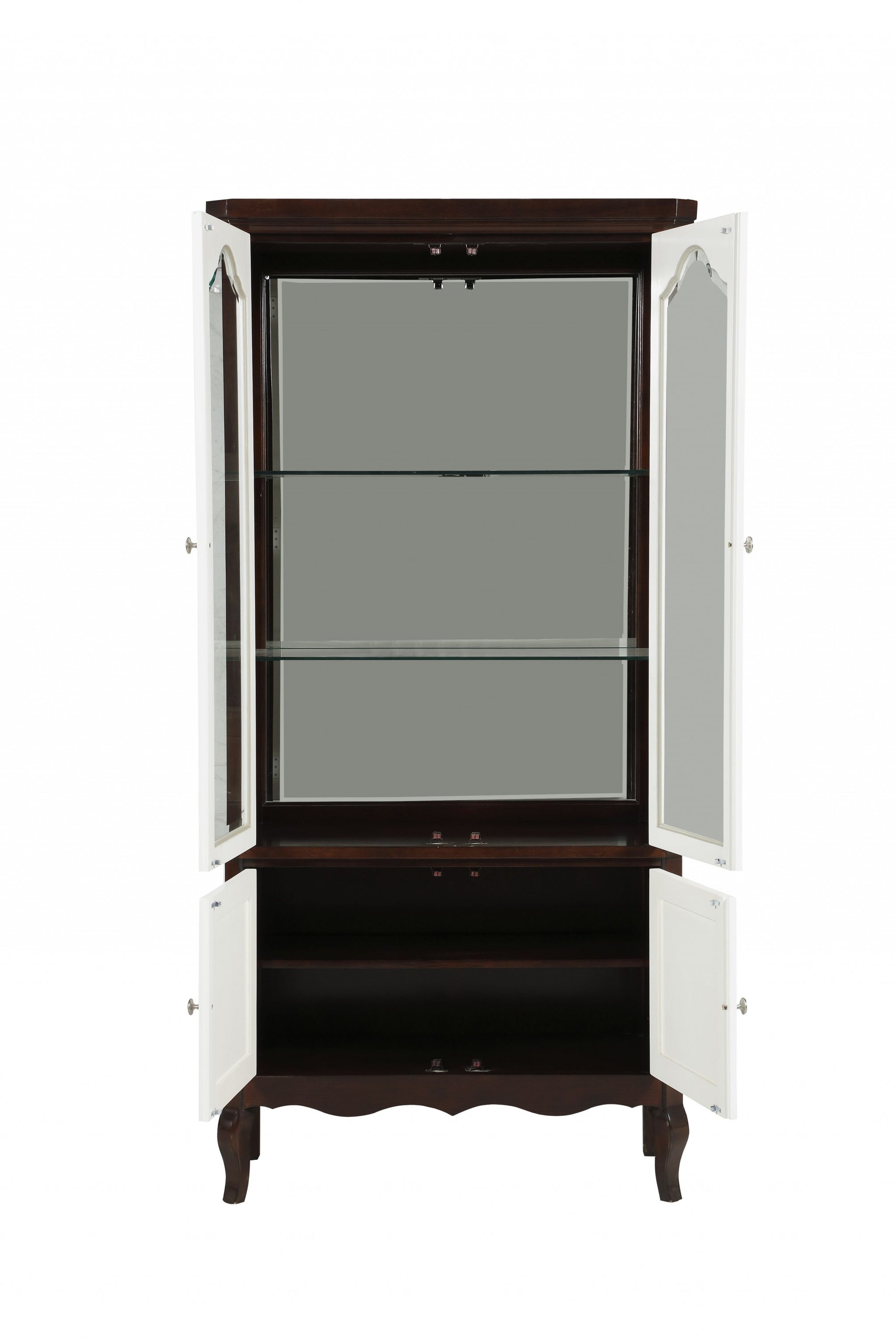 Elegant walnut white wood curio cabinet standing 78 inches tall with spacious compartments for stylish storage.