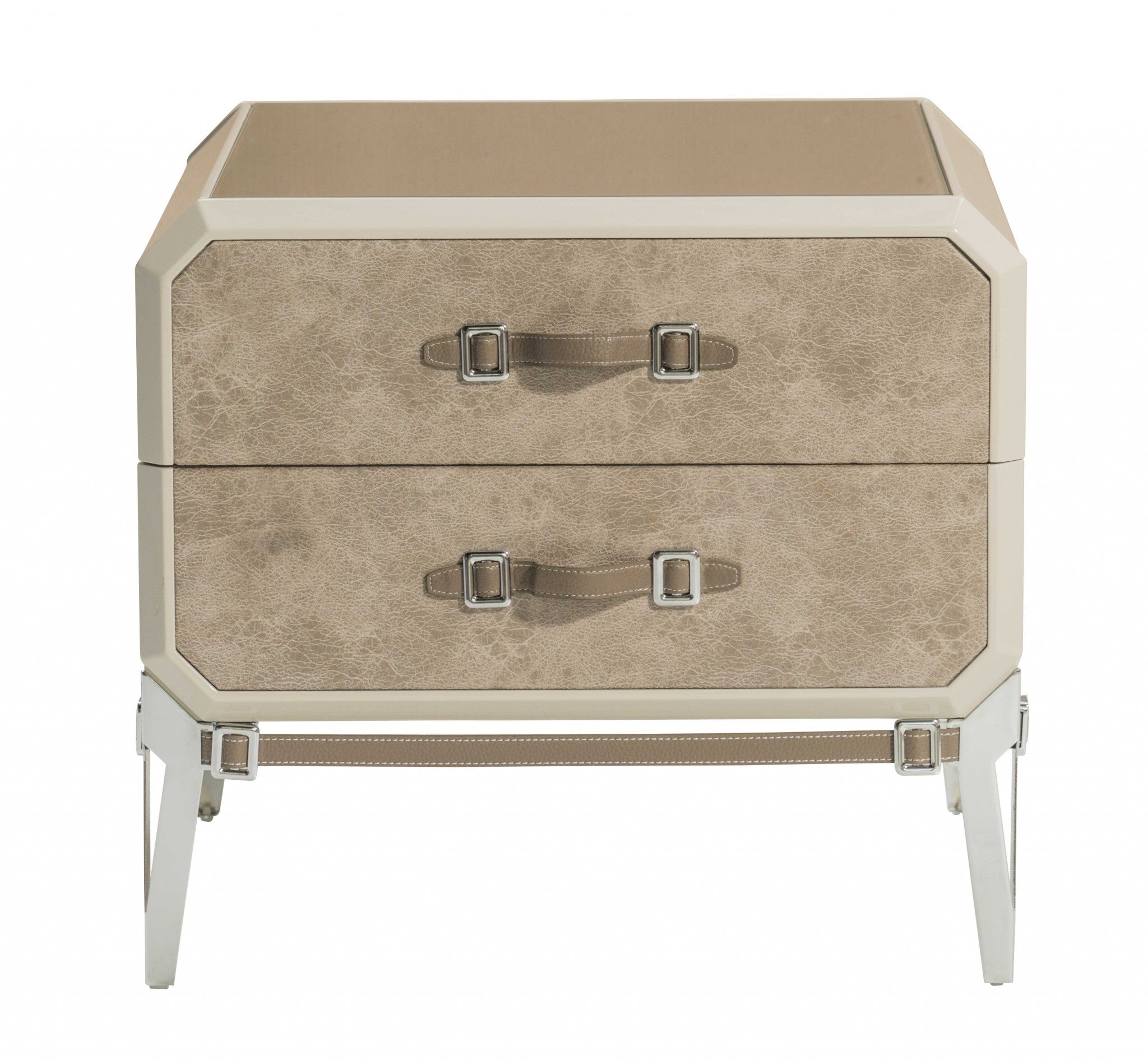 Vintage Beige PU Wood Upholstered Nightstand with chrome legs and upholstered drawer panels, showcasing a stylish and contemporary design.