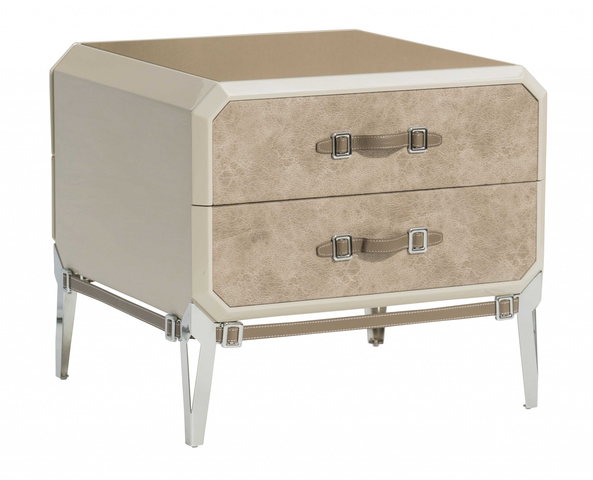 Vintage Beige PU Wood Upholstered Nightstand with chrome legs and upholstered drawer panels, showcasing a stylish and contemporary design.