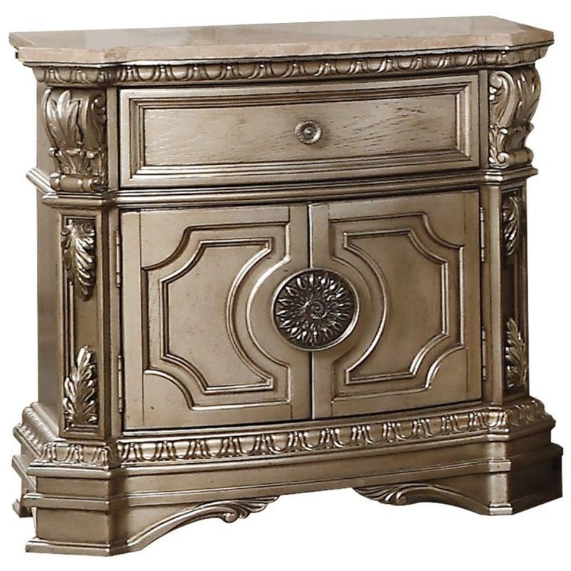 Antique Champagne Wood Poly Resin Nightstand with marble top, featuring traditional design and elegant finish, perfect for bedroom storage.