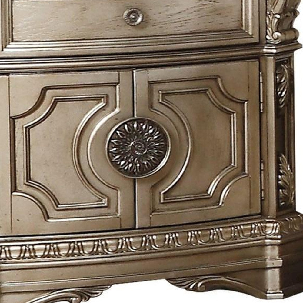 Antique Champagne Wood Poly Resin Nightstand with marble top, featuring traditional design and elegant finish, perfect for bedroom storage.