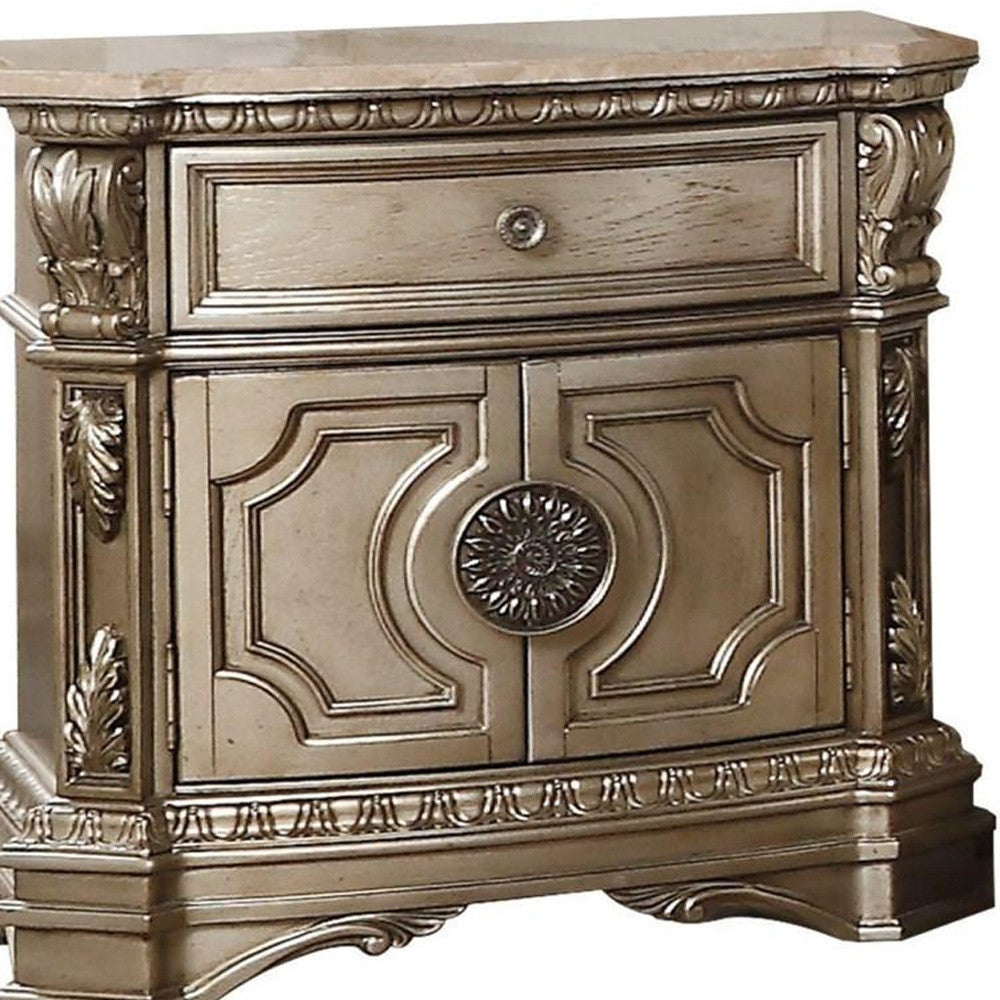 Antique Champagne Wood Poly Resin Nightstand with marble top, featuring traditional design and elegant finish, perfect for bedroom storage.