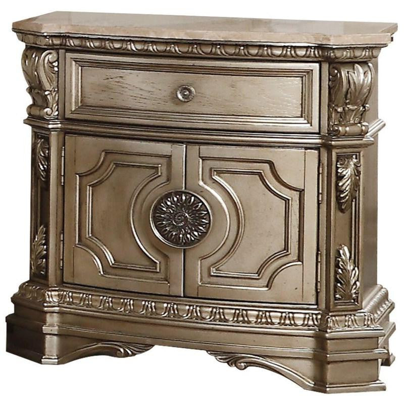 Antique Champagne Wood Poly Resin Nightstand with marble top, featuring traditional design and elegant finish, perfect for bedroom storage.