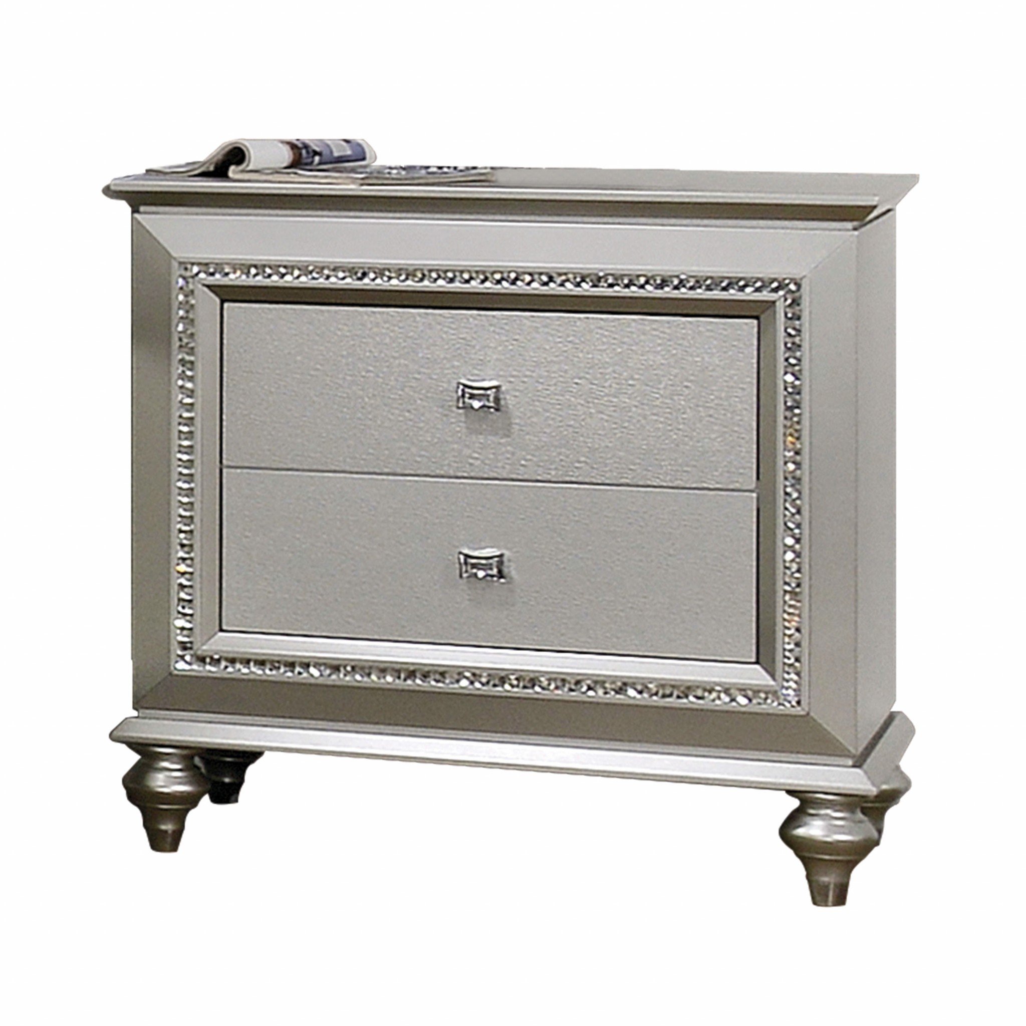 Elegant 18x30 Champagne Wood Nightstand with textured front and sparkling trim, perfect for bedroom decor.