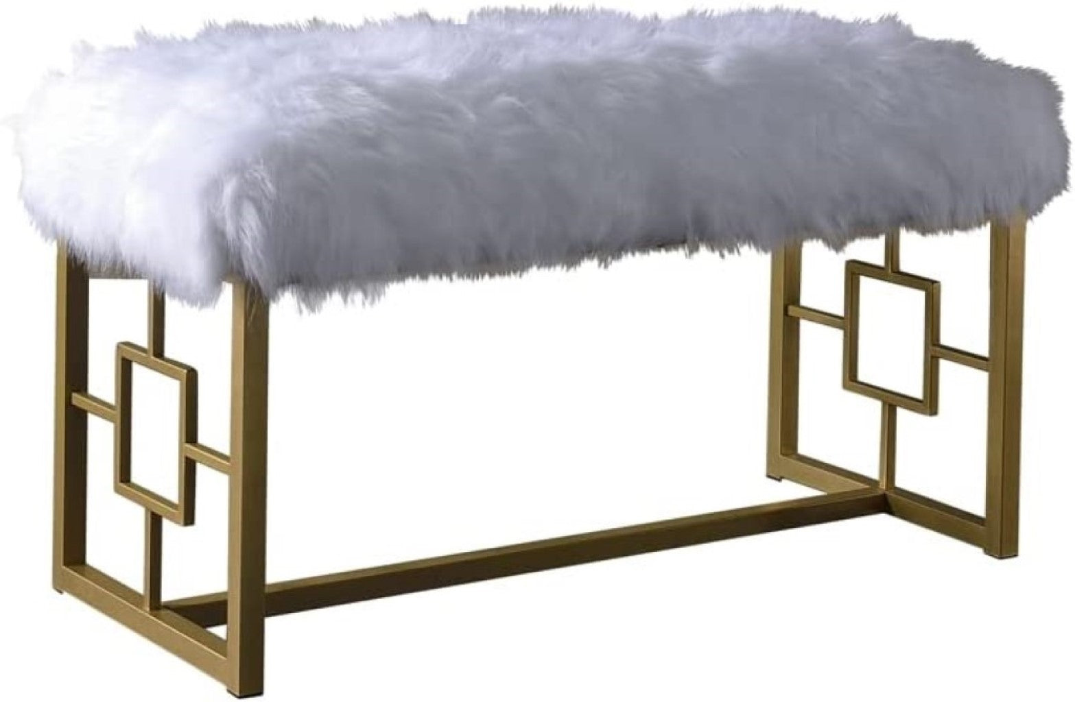 Elegant 18x38x21 inches lounge bench featuring white faux fur upholstery and a gold metal base, perfect for stylish comfort.