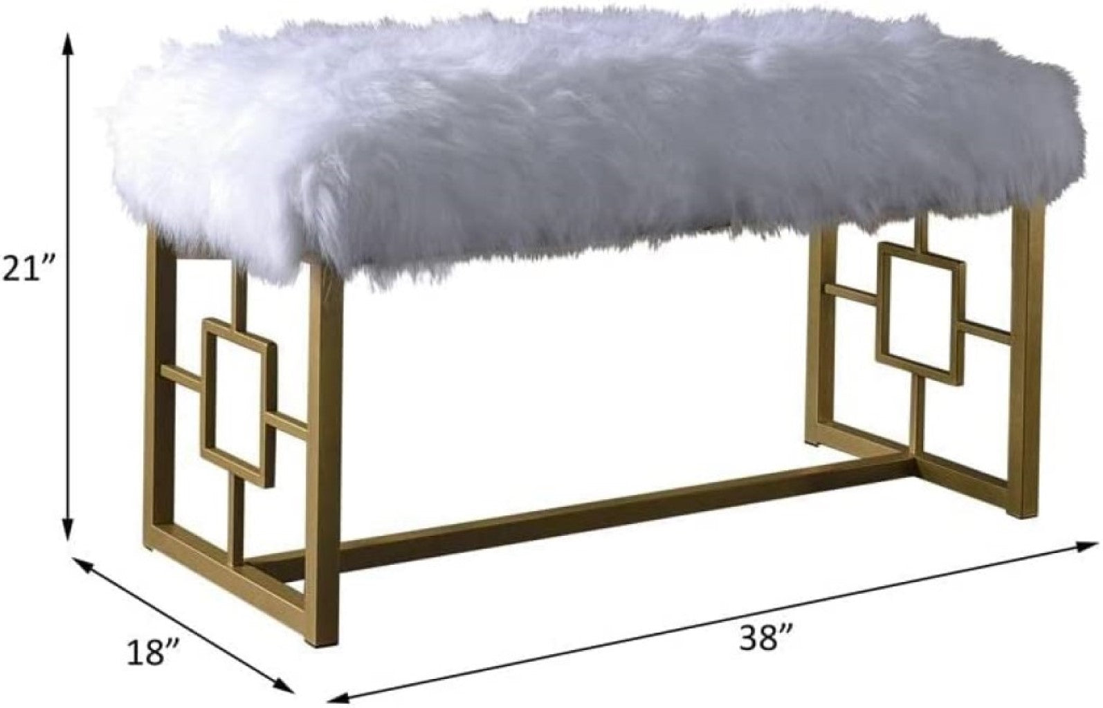 Elegant 18x38x21 inches lounge bench featuring white faux fur upholstery and a gold metal base, perfect for stylish comfort.