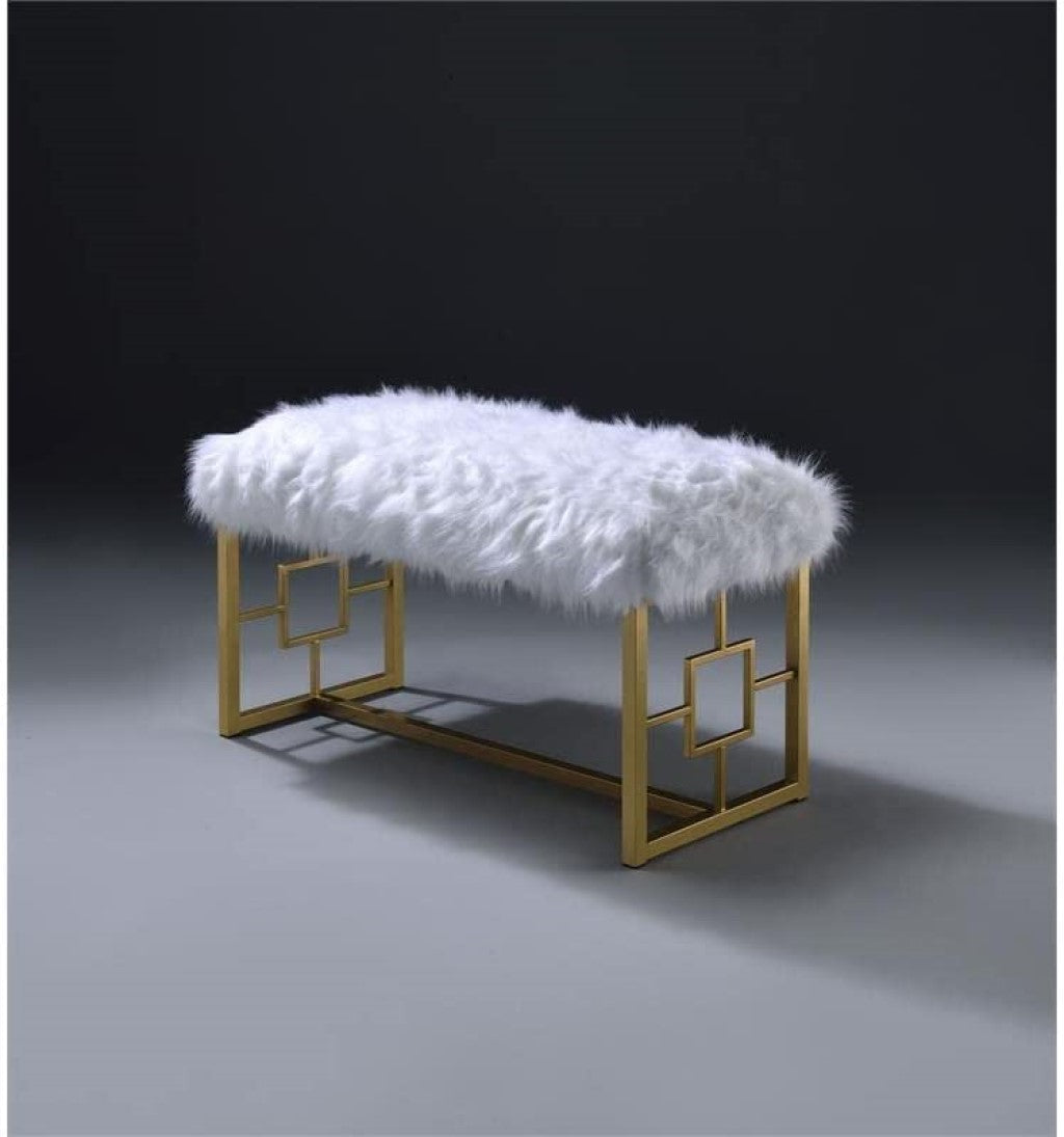 Elegant 18x38x21 inches lounge bench featuring white faux fur upholstery and a gold metal base, perfect for stylish comfort.