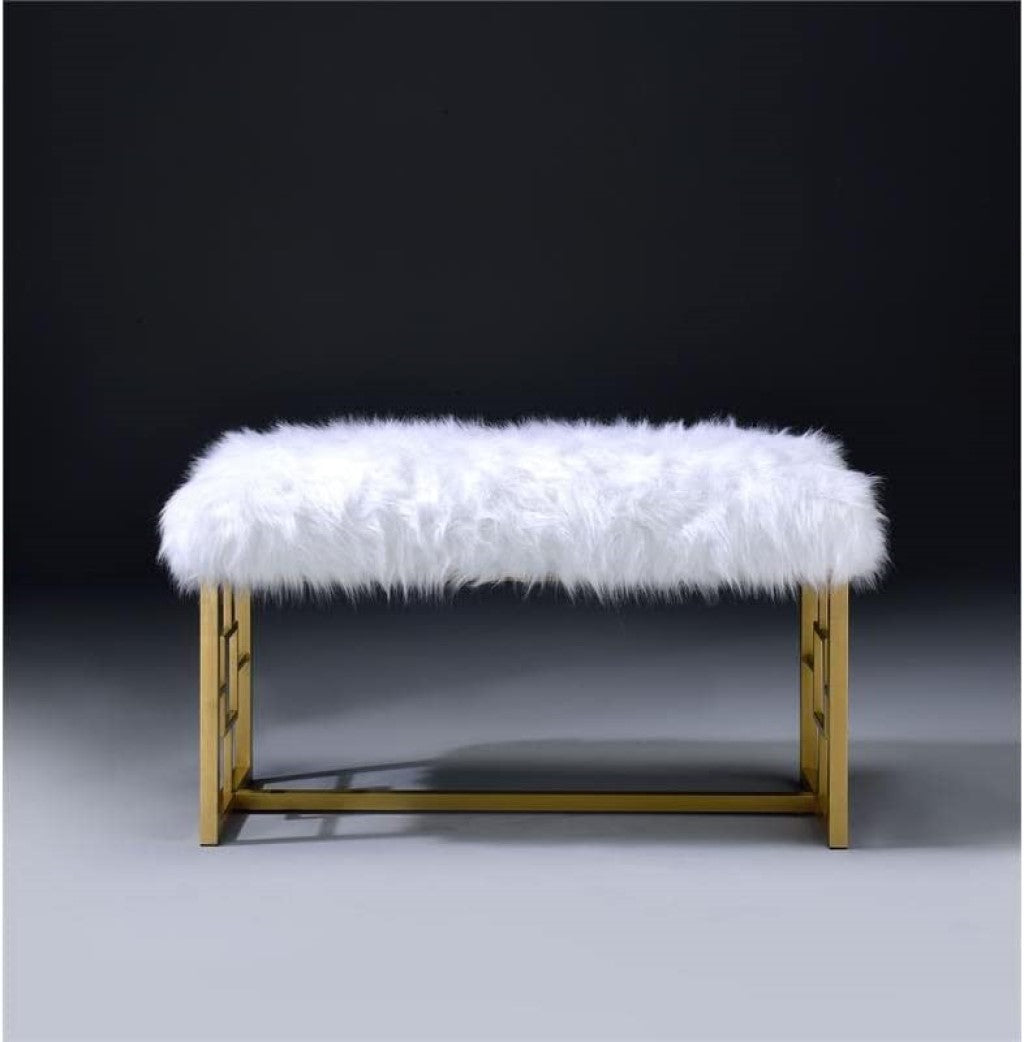 Elegant 18x38x21 inches lounge bench featuring white faux fur upholstery and a gold metal base, perfect for stylish comfort.