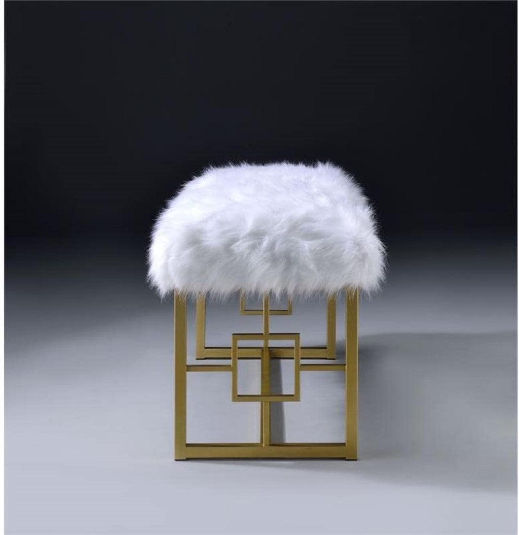 Elegant 18x38x21 inches lounge bench featuring white faux fur upholstery and a gold metal base, perfect for stylish comfort.