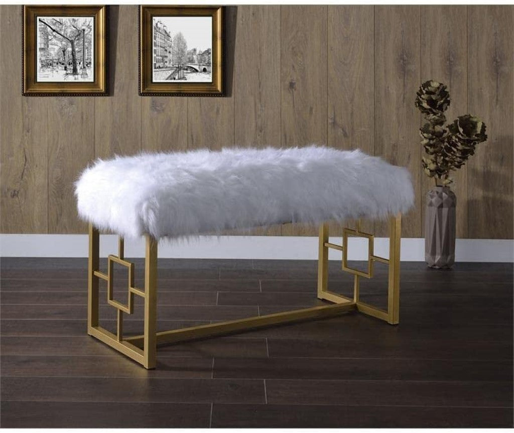 Elegant 18x38x21 inches lounge bench featuring white faux fur upholstery and a gold metal base, perfect for stylish comfort.