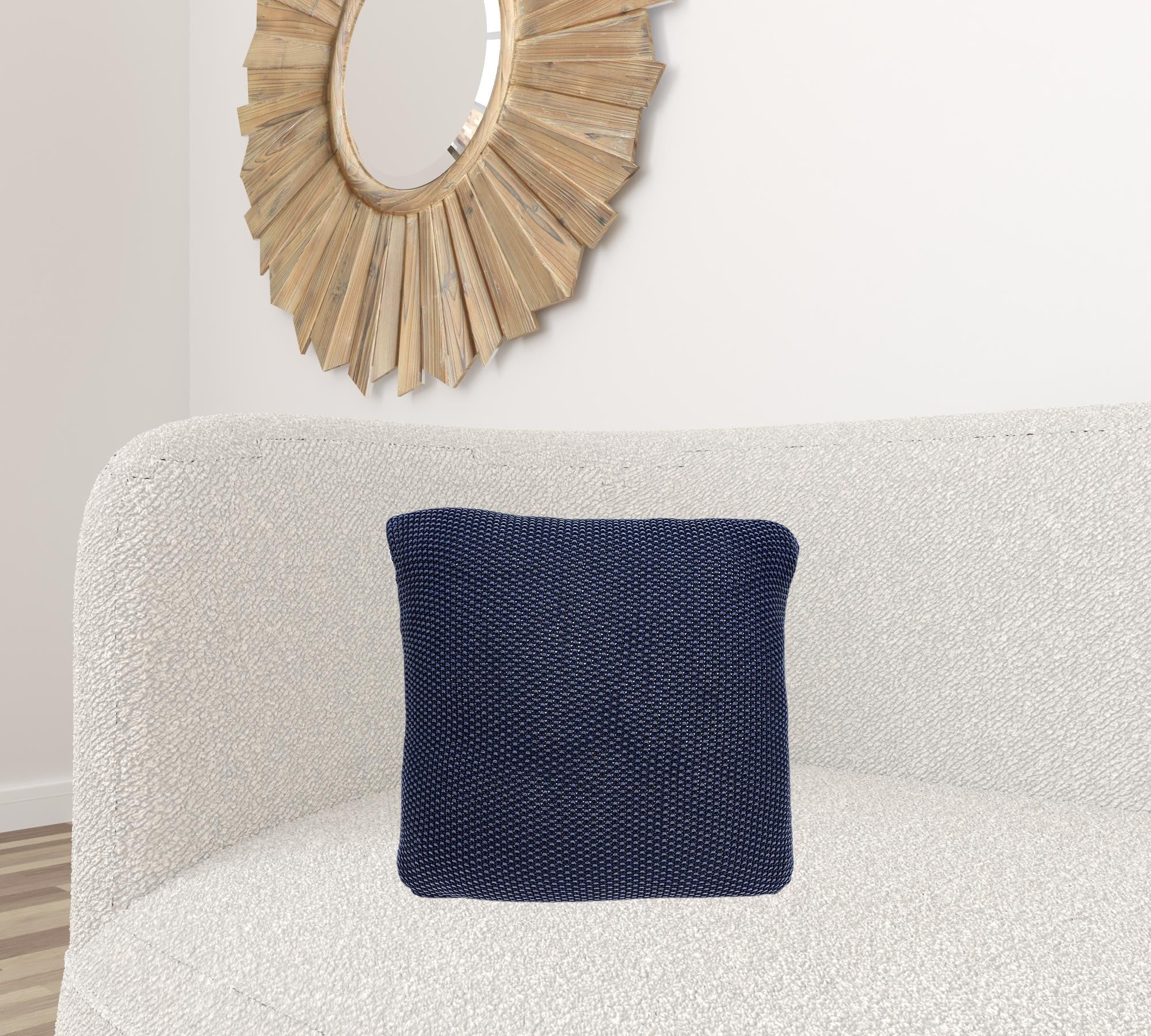 Transitional blue pillow cover measuring 18x5x18 inches, made from 100% cotton with a polyfill insert, perfect for home decor.