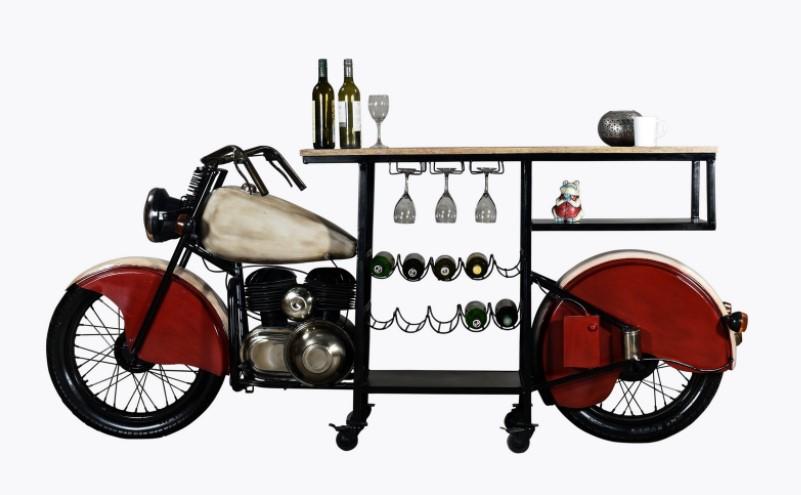 18x93x39 Glider Bike Bar featuring a vintage motorcycle design in red and white, made of metal and mango wood, perfect for serving wine.