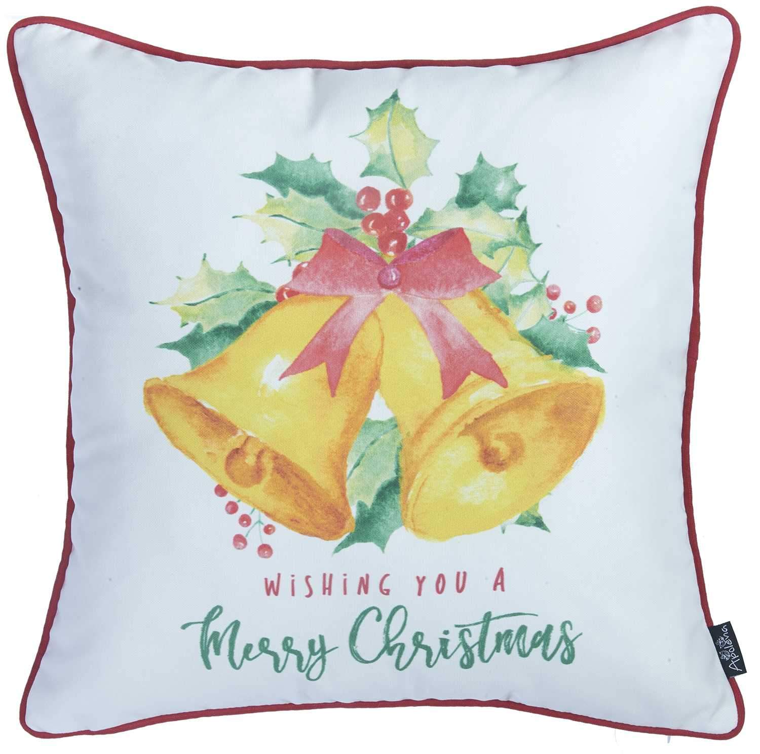 18x18 Christmas Bells Printed Decorative Throw Pillow Cover with vibrant colors and hidden zipper closure, perfect for holiday decor.