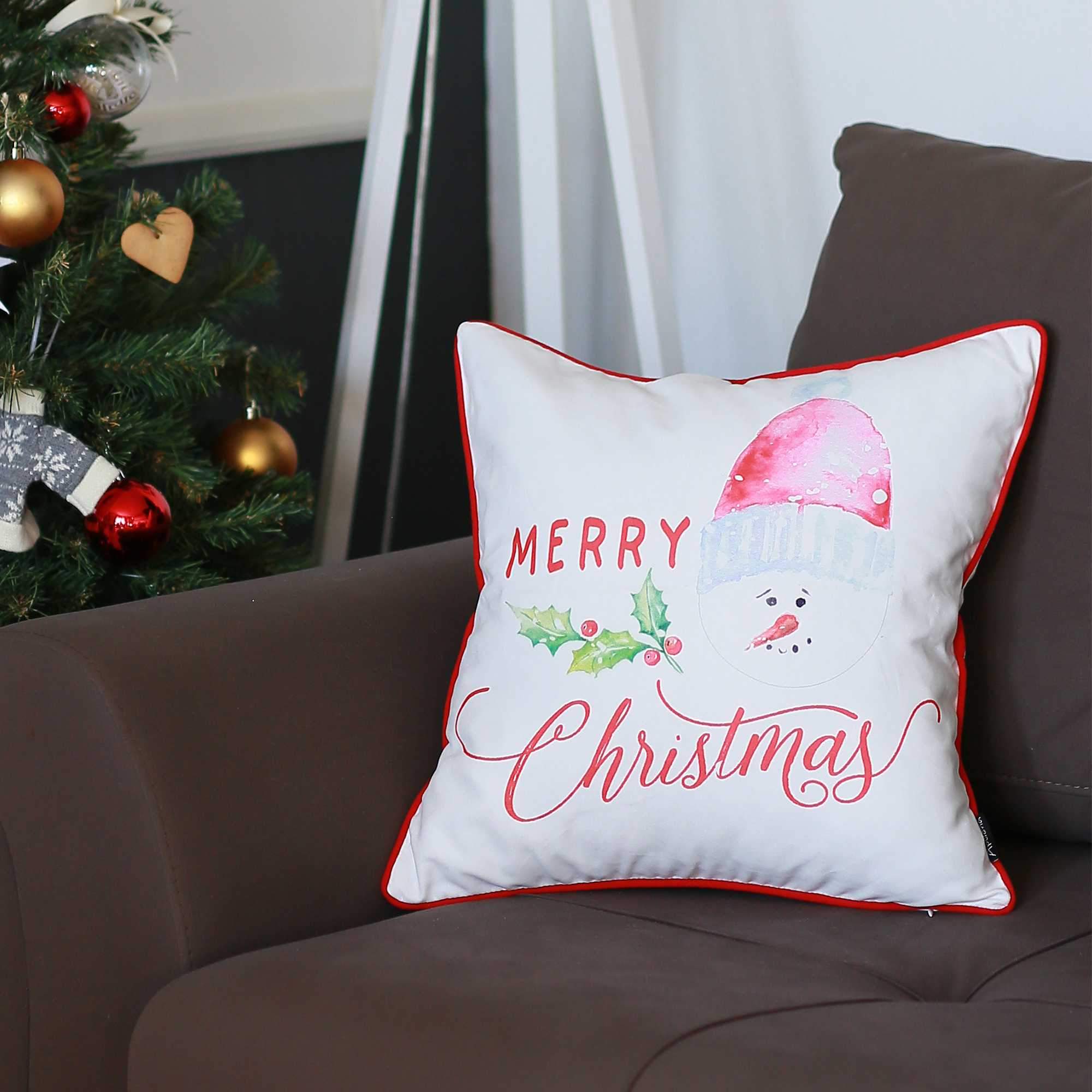 18x18 Merry Christmas Printed Decorative Throw Pillow Cover with vibrant colors and hidden zipper closure, made from soft brushed polyester.