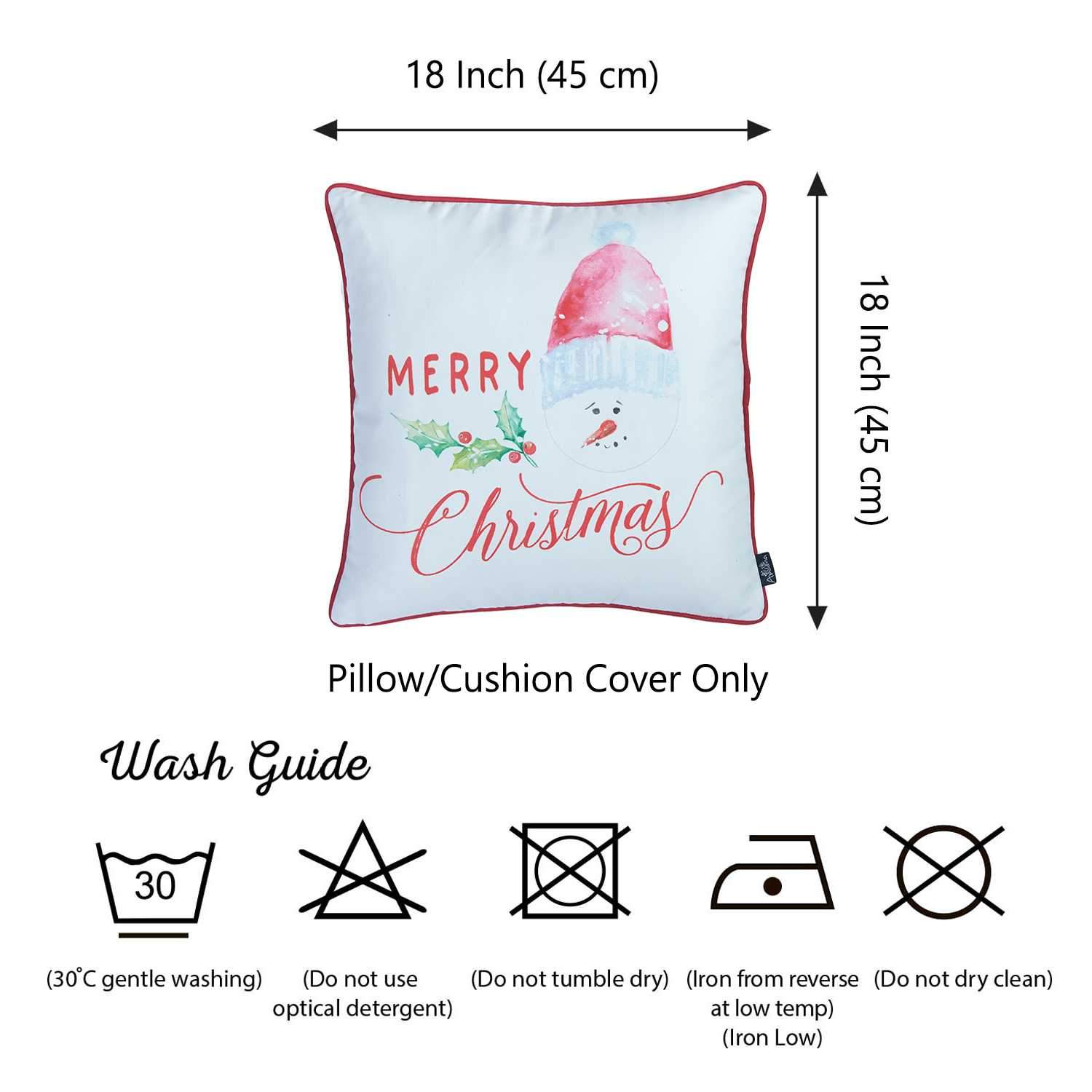 18x18 Merry Christmas Printed Decorative Throw Pillow Cover with vibrant colors and hidden zipper closure, made from soft brushed polyester.