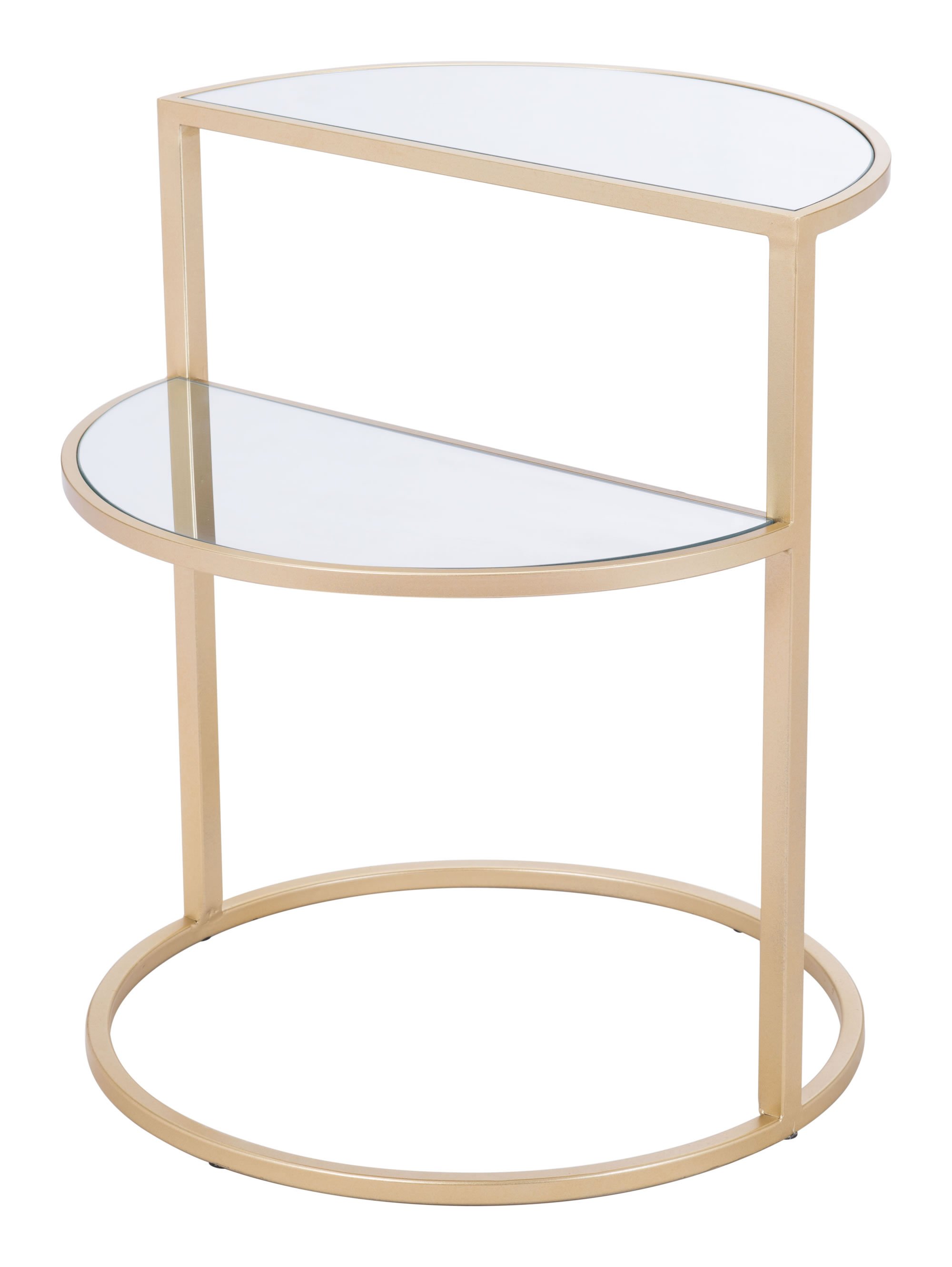 A stylish gold side table featuring two half moons and a circular base, made of mirror and steel, perfect for modern living spaces.