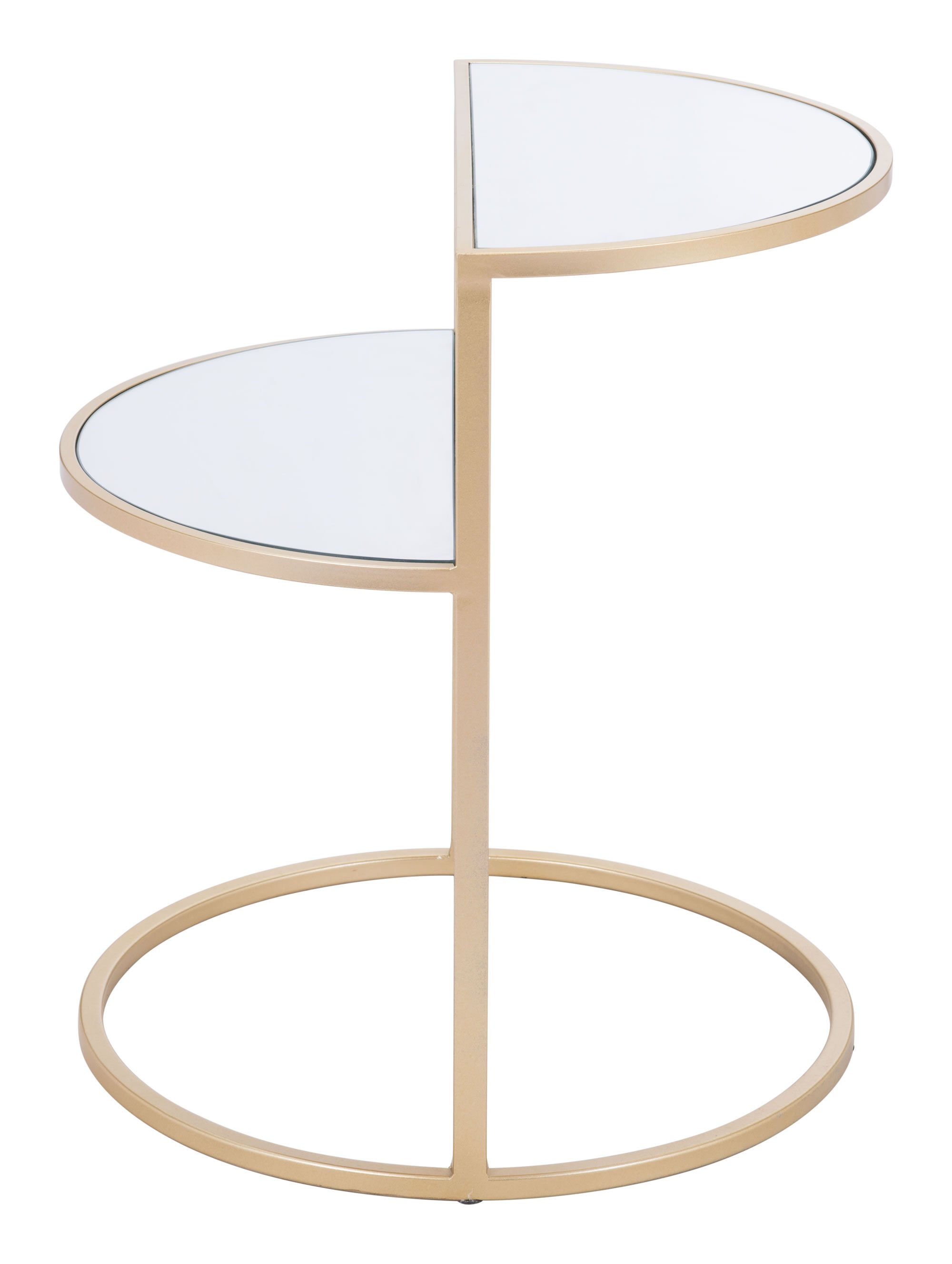 A stylish gold side table featuring two half moons and a circular base, made of mirror and steel, perfect for modern living spaces.