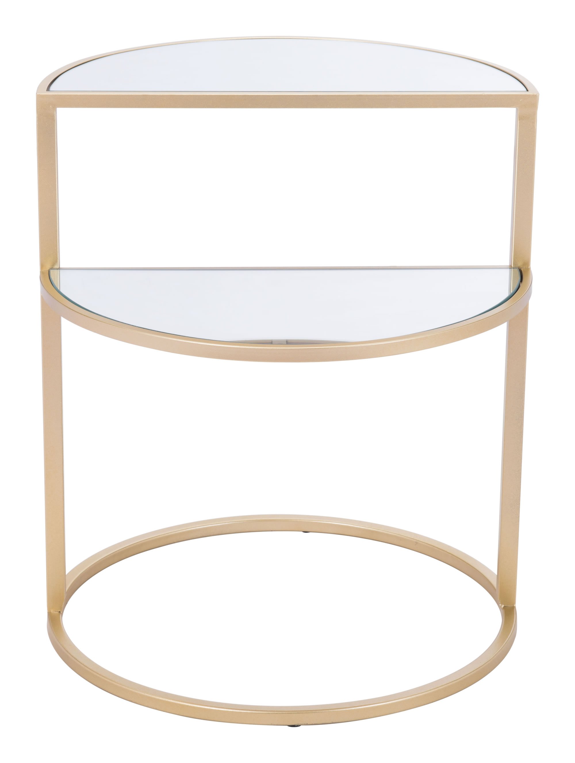 A stylish gold side table featuring two half moons and a circular base, made of mirror and steel, perfect for modern living spaces.