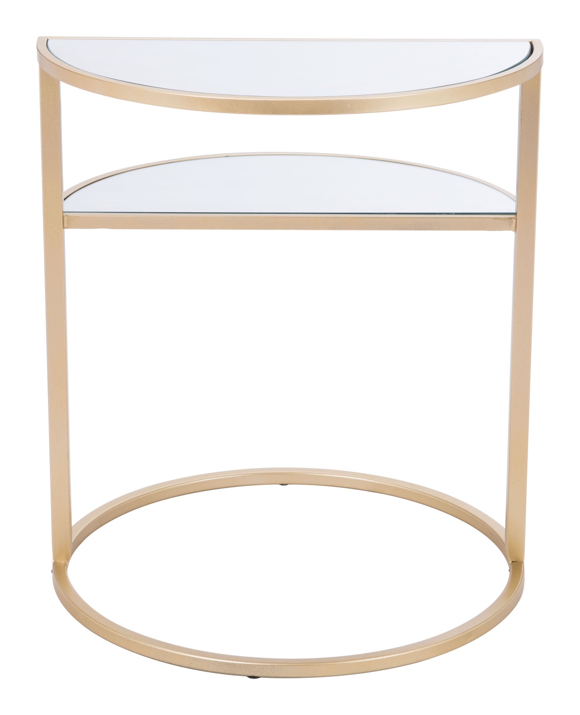 A stylish gold side table featuring two half moons and a circular base, made of mirror and steel, perfect for modern living spaces.