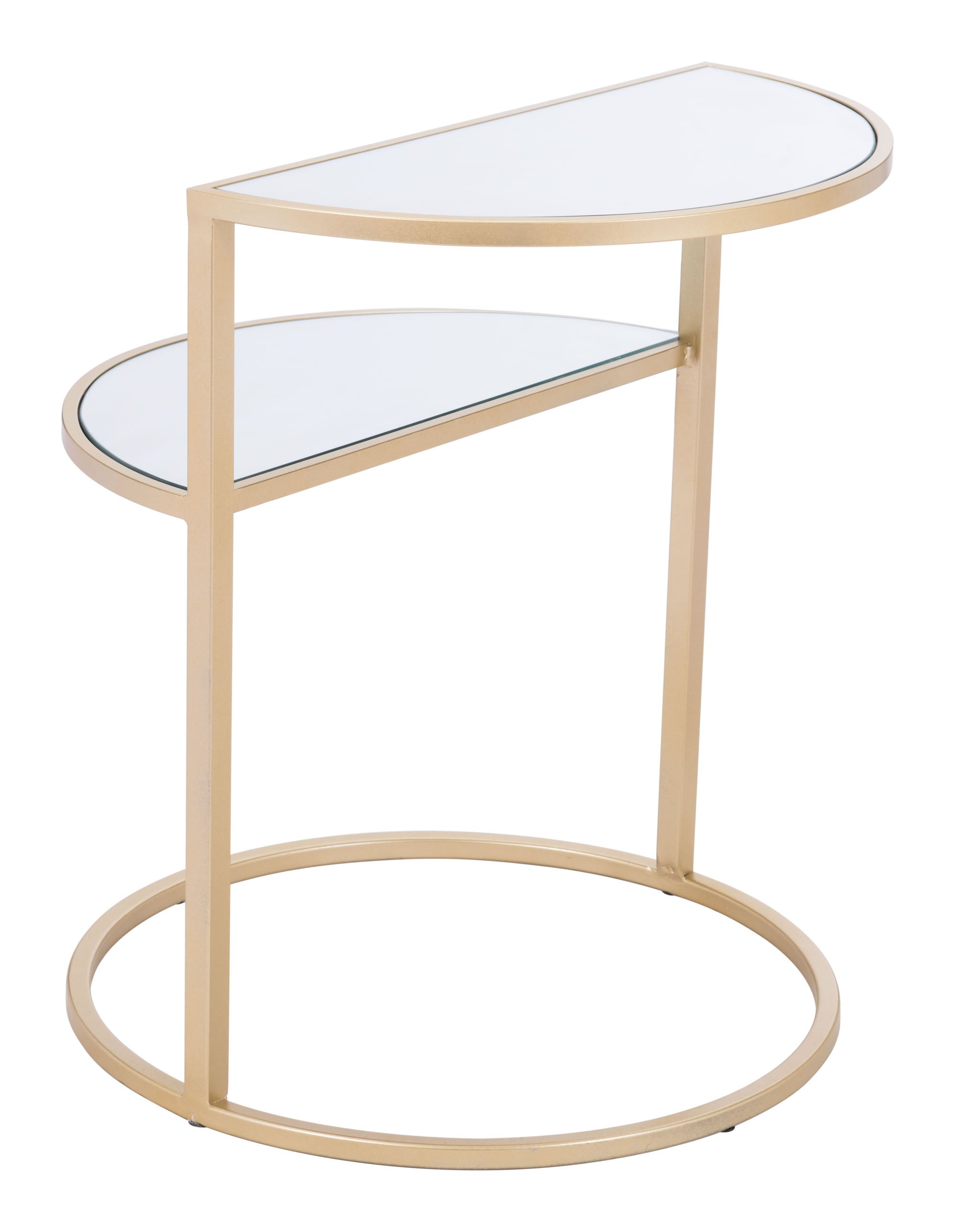 A stylish gold side table featuring two half moons and a circular base, made of mirror and steel, perfect for modern living spaces.