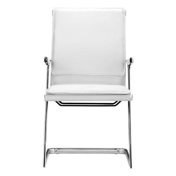 Two white leatherette conference chairs with padded seats and backs, featuring chromed steel frames and neoprene arm pads.