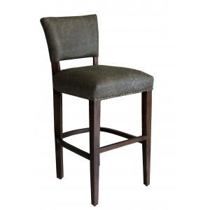 Stylish 19.5" x 21" x 44.5" leather and wood bar chair in stonewash brown, featuring deep cushioning and a sturdy mango wood base.