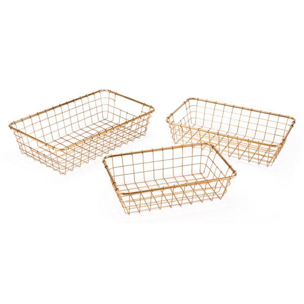 Three elegant gold grid trays made of steel, showcasing their stylish design and built-in handles, perfect for serving and storage.