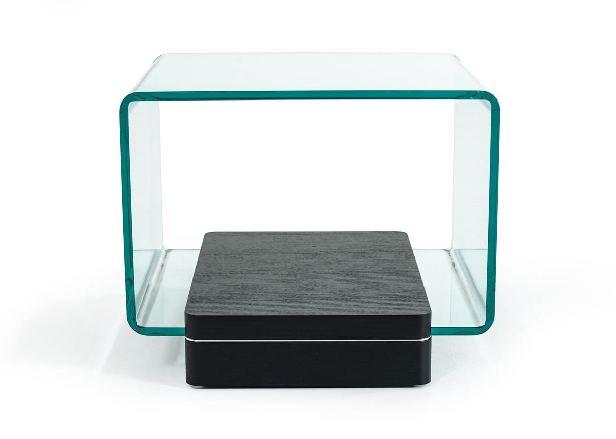 A stylish 19-inch oak veneer and glass end table featuring a clear glass top and a black crocodile base, perfect for modern living rooms.