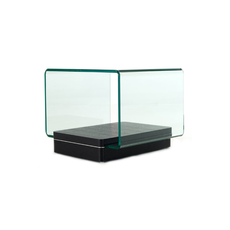 A stylish 19-inch oak veneer and glass end table featuring a clear glass top and a black crocodile base, perfect for modern living rooms.