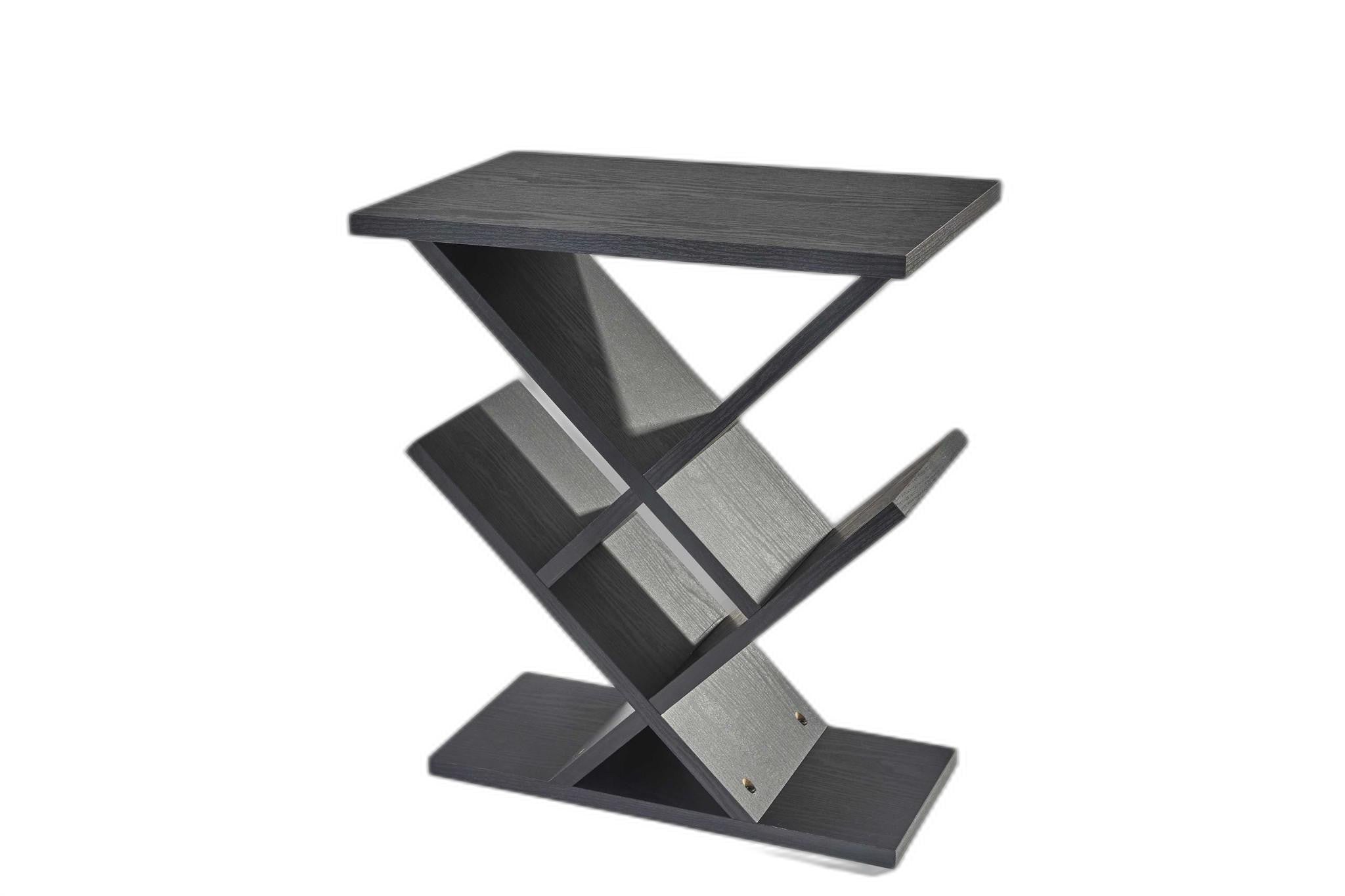 A sleek black accent table measuring 19x12x21.5 inches, featuring 8 deep storage compartments and a modern design.