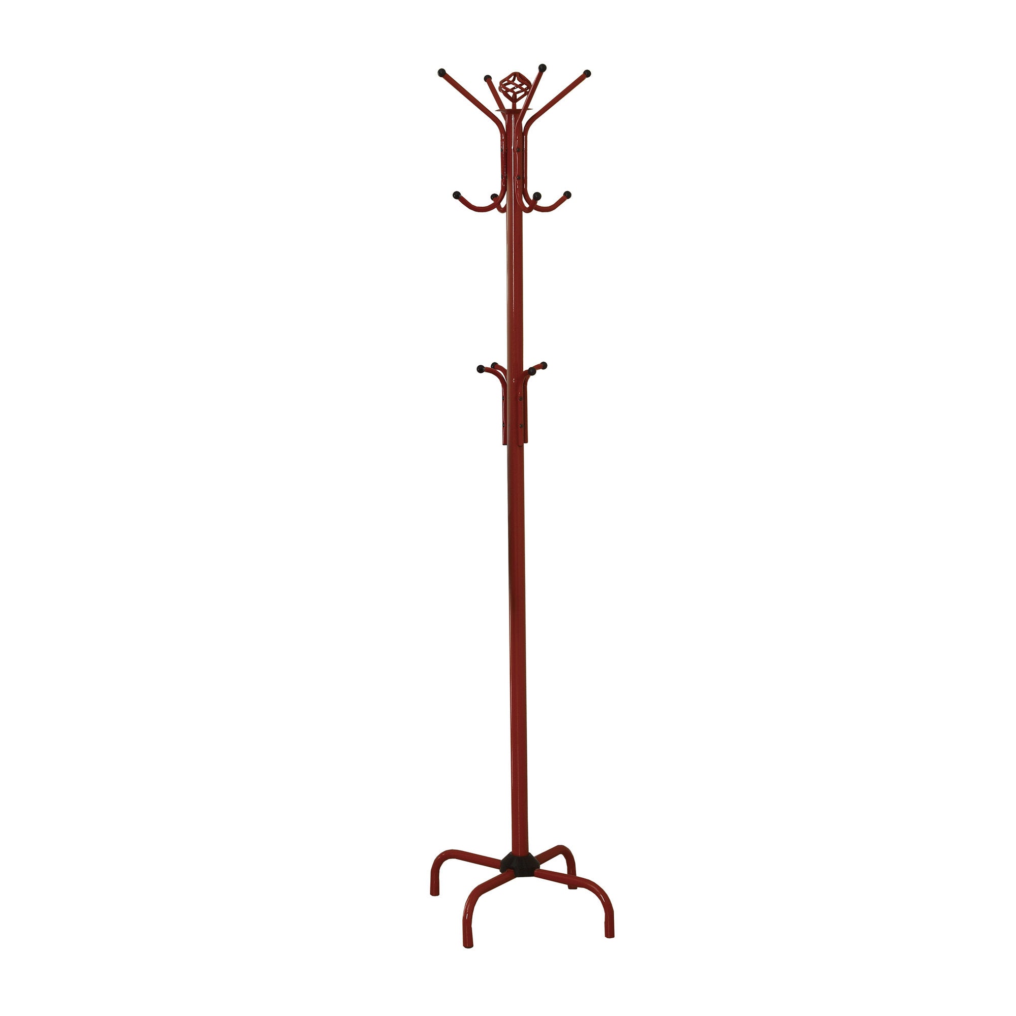 A vibrant red metal coat rack standing 70 inches tall, featuring a contemporary design suitable for entryways and small spaces.