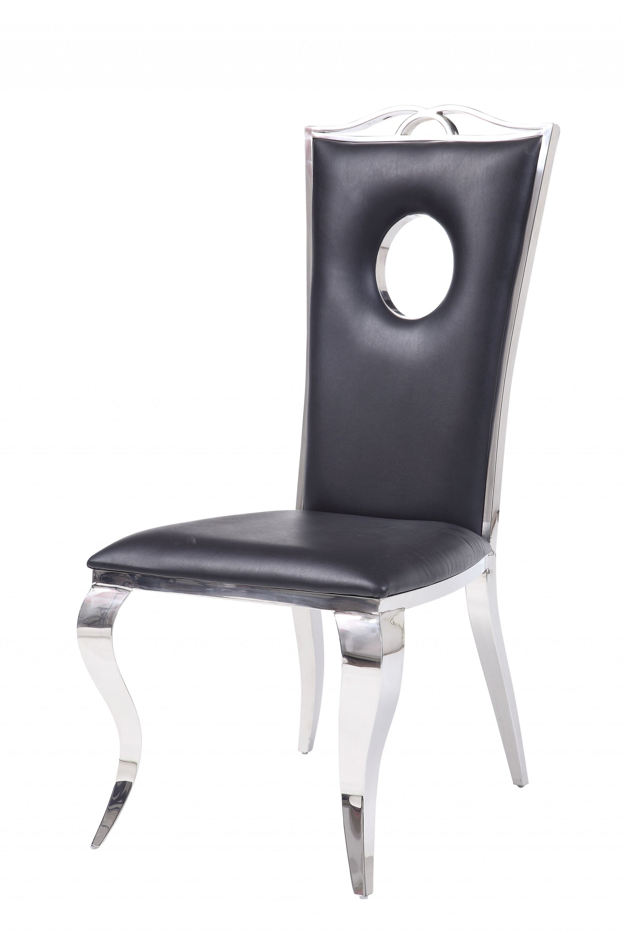 Elegant faux leather side chair with stainless steel legs, dimensions 19x21x44 inches, perfect for modern dining rooms.