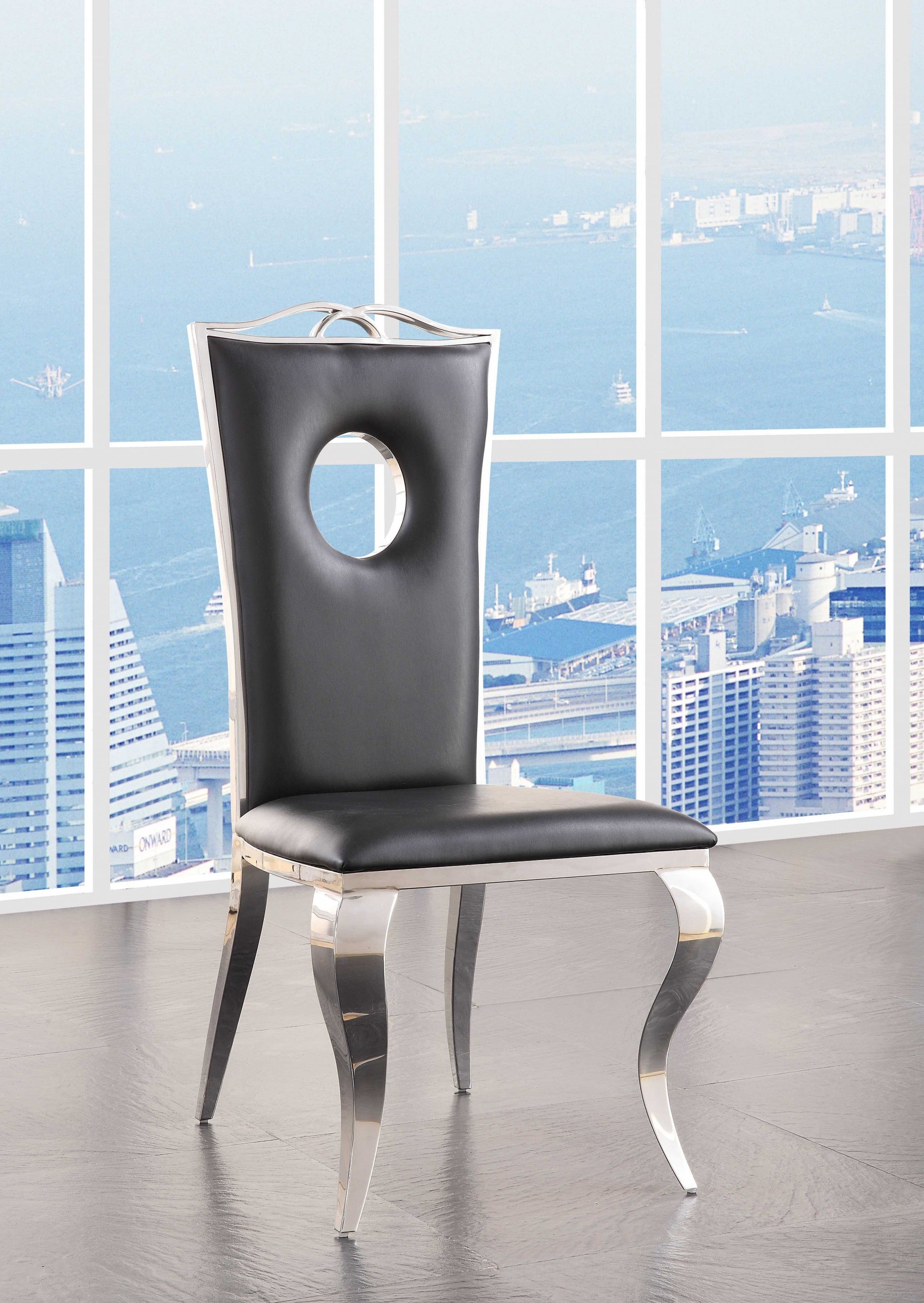 Elegant faux leather side chair with stainless steel legs, dimensions 19x21x44 inches, perfect for modern dining rooms.