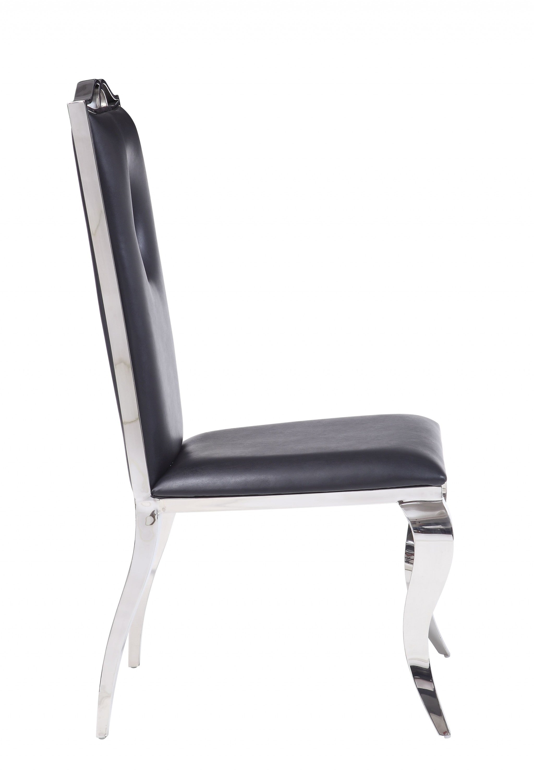 Elegant faux leather side chair with stainless steel legs, dimensions 19x21x44 inches, perfect for modern dining rooms.