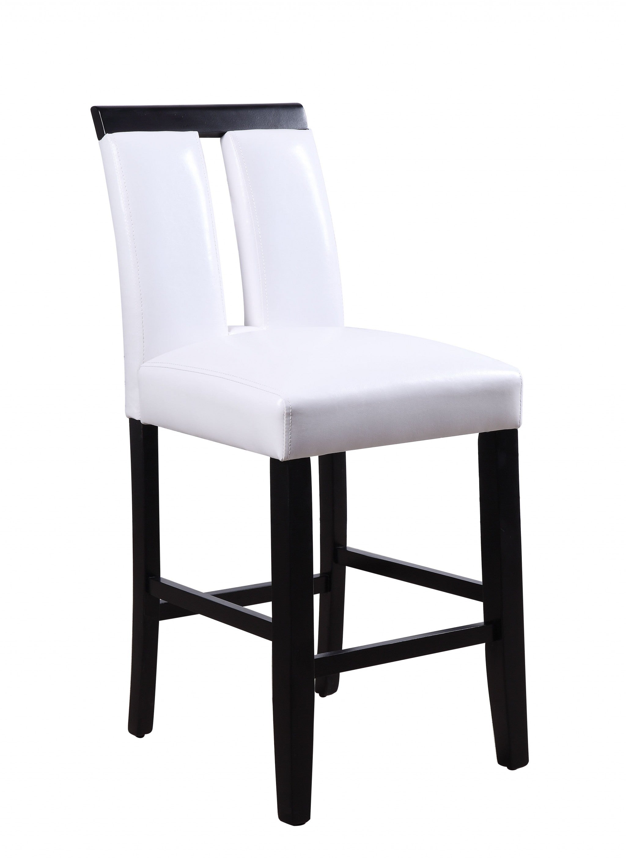 Stylish white faux leather upholstered counter height chair with black wooden legs, perfect for modern dining rooms.