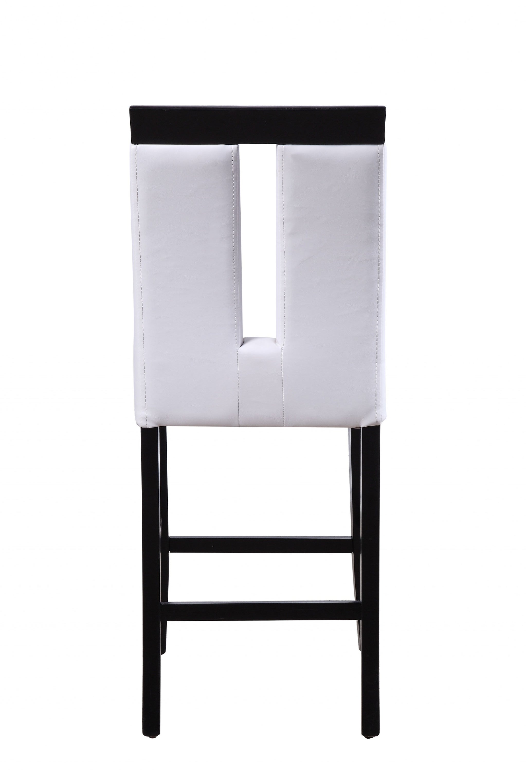 Stylish white faux leather upholstered counter height chair with black wooden legs, perfect for modern dining rooms.