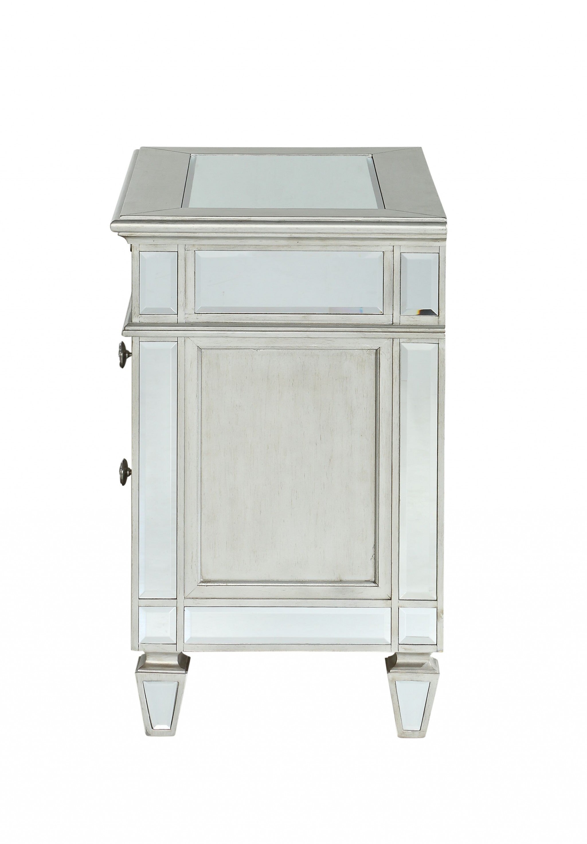 Glamorous mirrored wood nightstand with geometric patterns and crystal-like knobs, featuring two drawers and tapered legs.